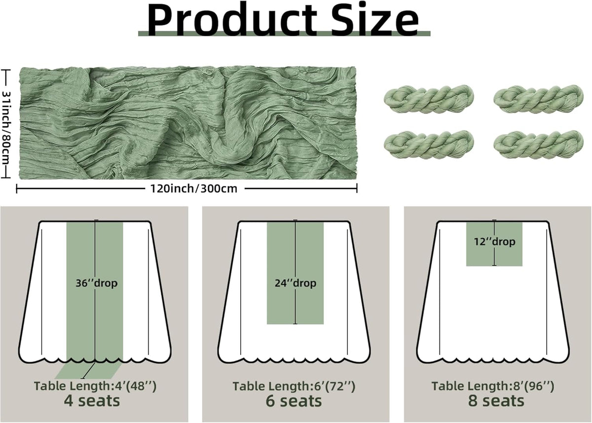 FEXIA 4 Pack Baby Shower Decoration Table Runner 35x120 Inches Sage Green Gauze Rustic Table Runner for Wedding Party First Communion Centerpiece Engagement Bridal Shower Boho Decoration