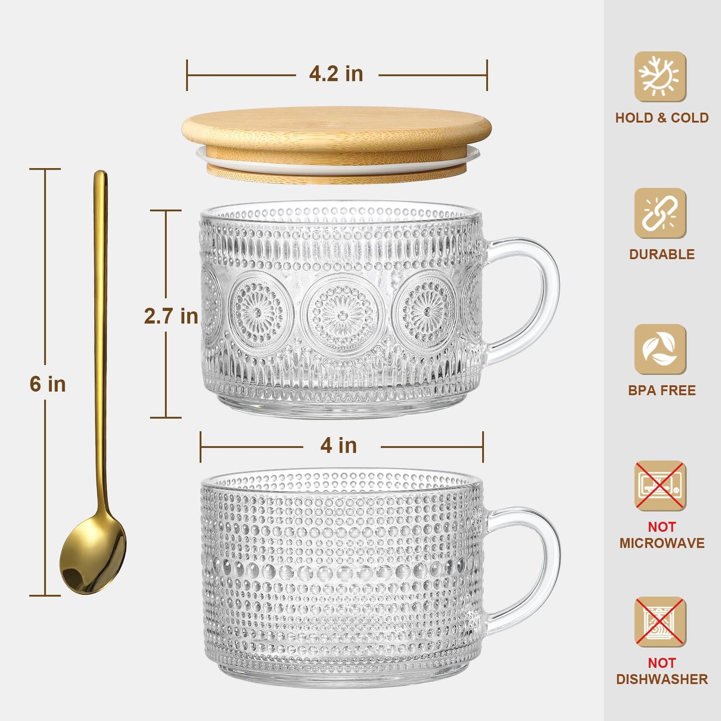 LANDNEOO 6 Pack 14oz Vintage Glass Coffee Mugs with Bamboo Lids and Spoons, Green Embossed Drinking Glasses for Iced Coffee, Tea, Latte