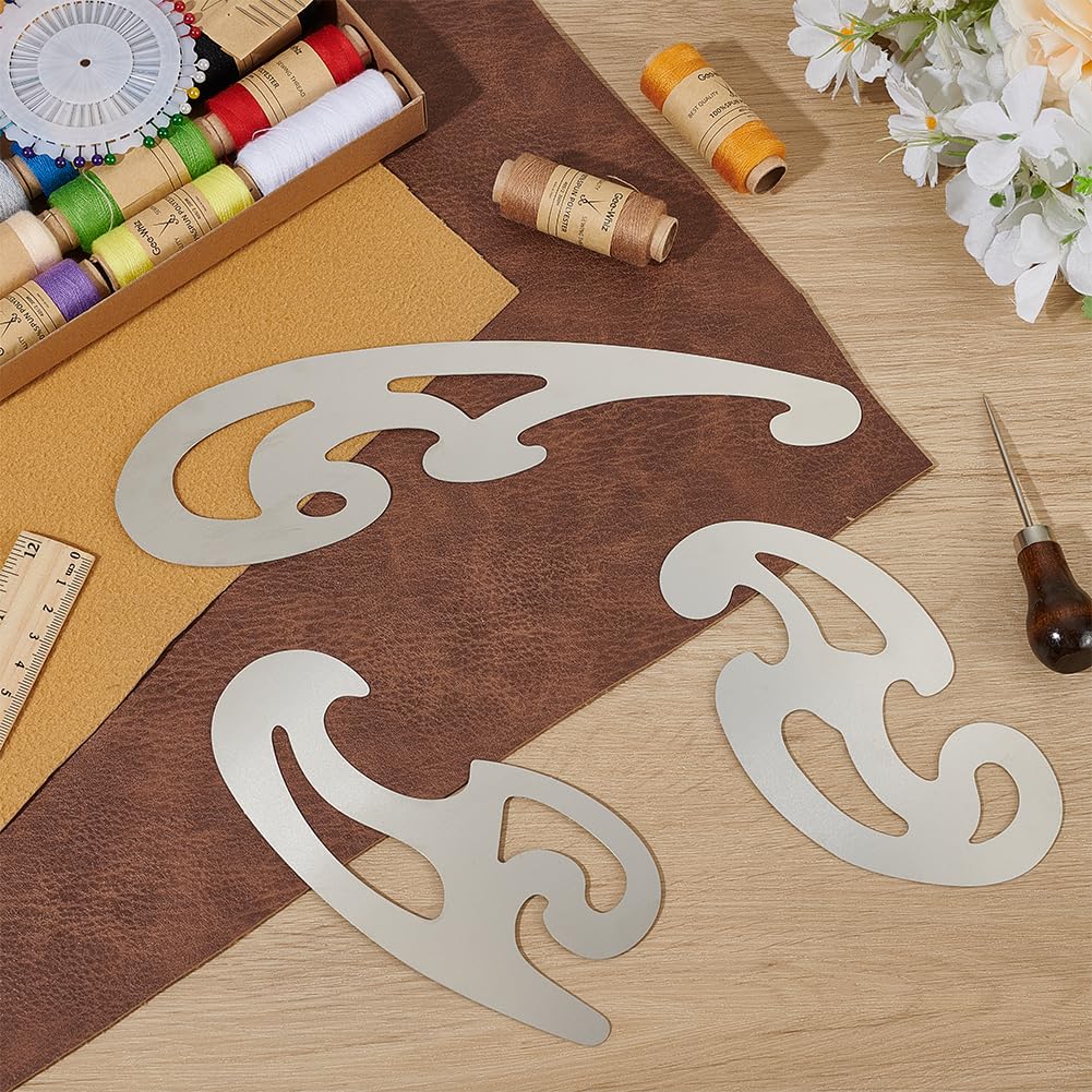 BENECREAT 3 Pcs Stainless Steel French Curve Ruler, Metal Pattern Ruler, Drafting Stencils Drawing Templates Tool for Garment Leather Design, Decorative Embossing, Professional Drawing Tool