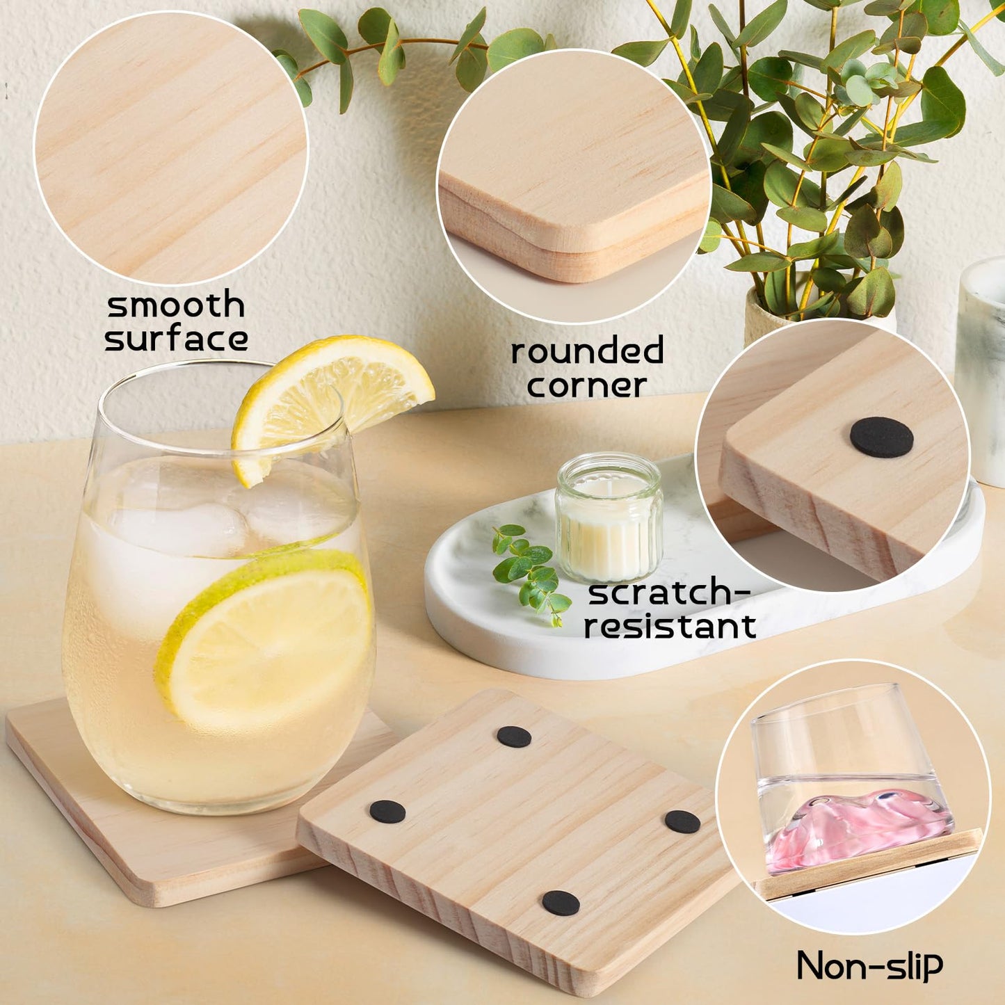 72 Pieces Unfinished Wood Coasters, GOH DODD 4 Inch Wooden Slices Blanks Bulk Set with Soft Foot Pads for Drinks Crafts Laser Engraving Wood Burning Staining Drawing Painting Decoupage Wedding, Square