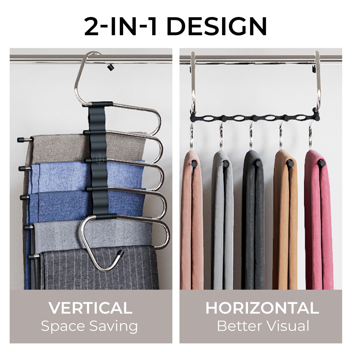 MORALVE Pants Hangers Space Saving - 2 Pack - Non-Slip Multi-Layer Space Saving Hangers - Multifunctional Clothing Rack for Closet Storage - Ideal for Jeans, Trousers, Skirts, Scarves & Slacks (Black)