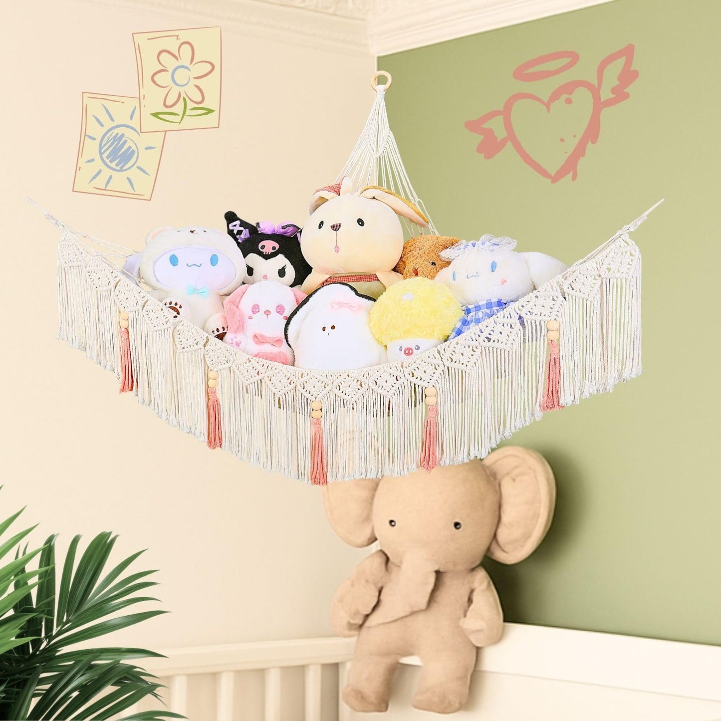 SYSYNA Corner Stuffed Animal Hammock - Large Macrame Wall Mounted Plush Toy Storage Net, Kids Room Decor