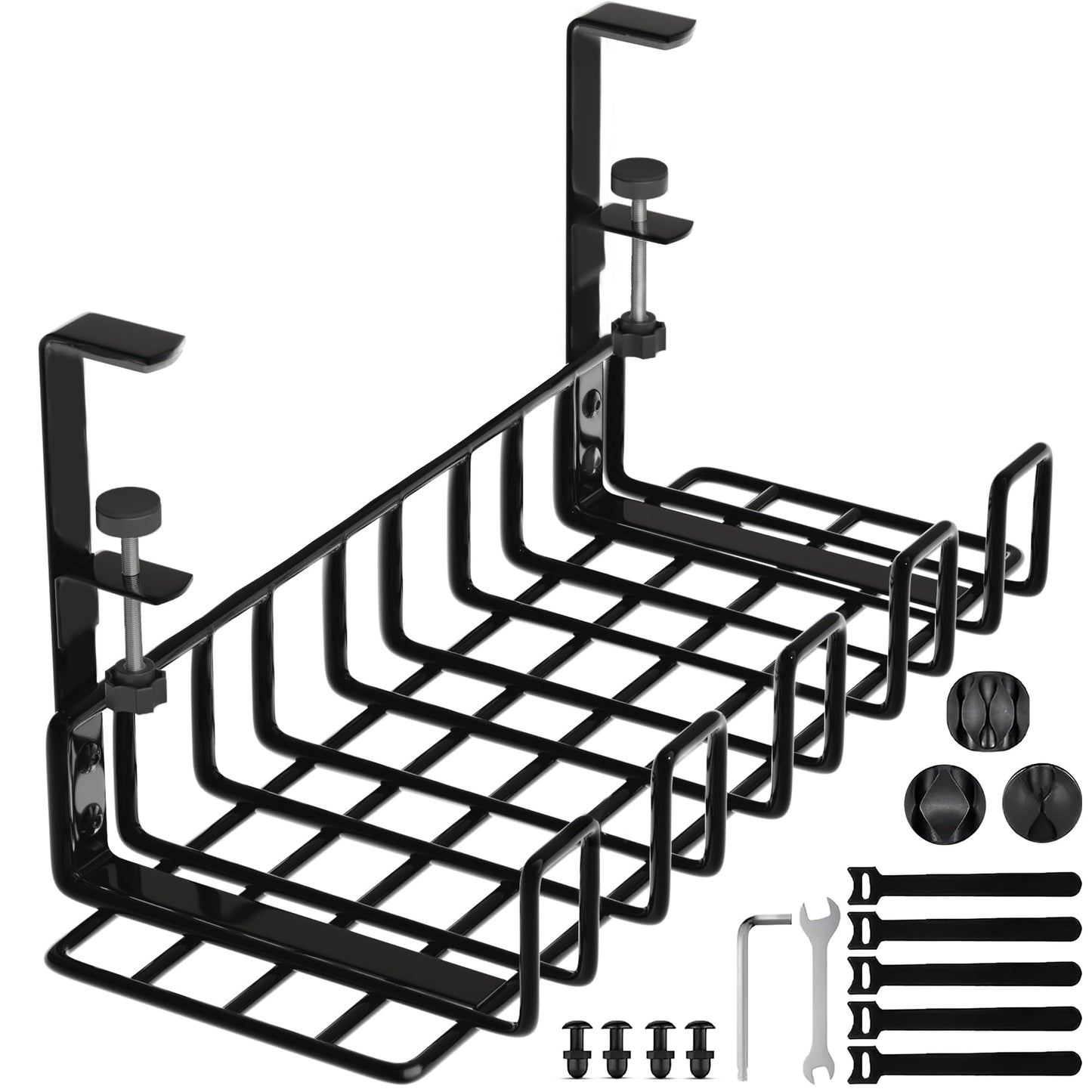 Under Desk Cable Management Tray, 16” No Drill Cord Organizer with Clamps for Wire Management, 4mm Sturdy Wire Desk Cable Organizer Tray, Cable Management Rack for Office