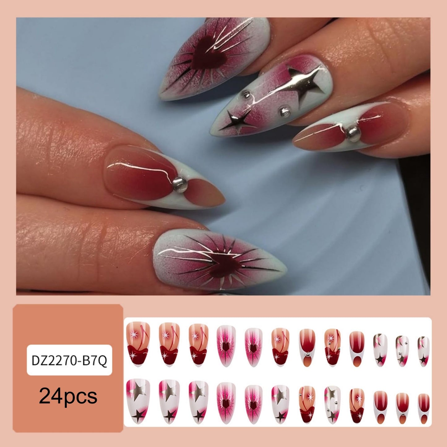 Almond Press on Nails Long Fake Nails Red Acrylic Nail Press ons Seeneey Heart and Silver Stars Designs Stick on Nail for Women 24pcs