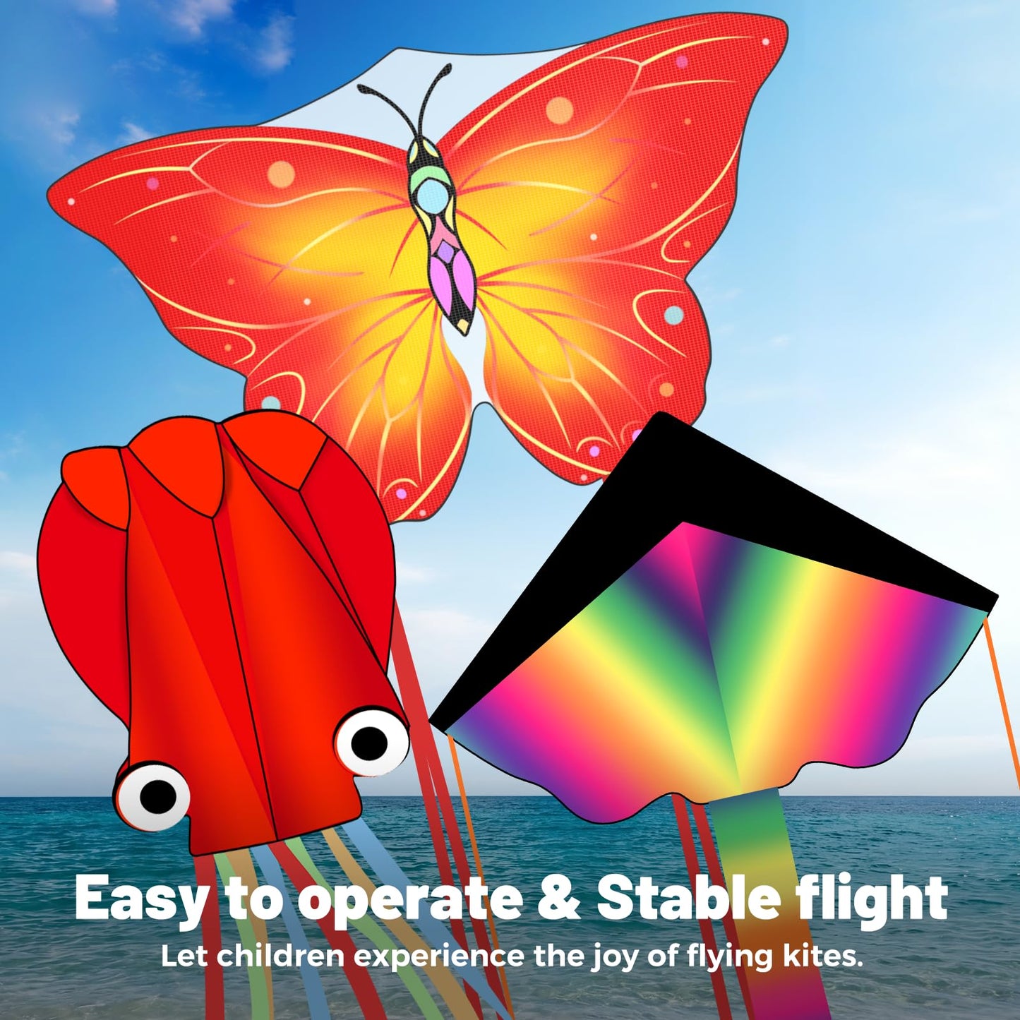 Crogift 3 Pack Large Kites, Easy to Fly Large Butterfly, Giant Red Octopus & Colorful Delta Kite for Beach Trip - Perfect Kites for Kids Ages 4-8 8-12, Gifts for Easter and Festival