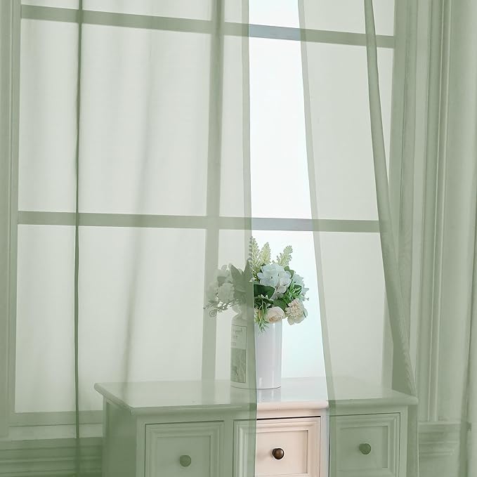 OVZME Sage Green Sheer Curtains 90 Inches Long 2 Panels - Soft Light Filtering Window Sheer Panels for Living Room/Bedroom, Top Dual Rod Pocket, 1 Pair, Each 42Wx90L Inches
