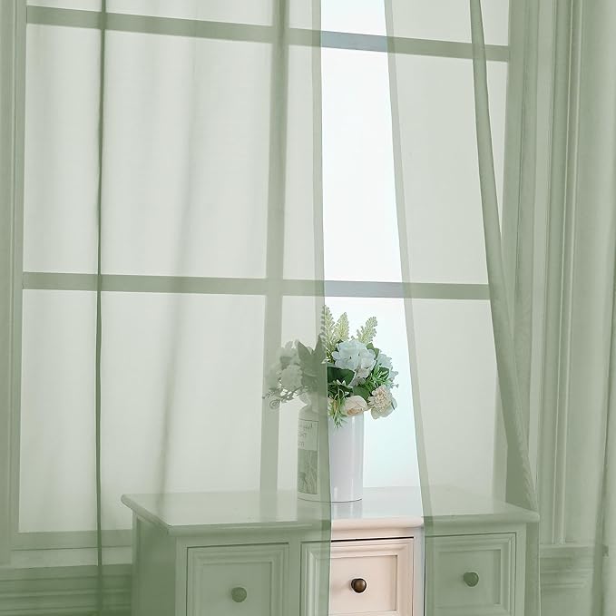 OVZME 2 Pieces Sage Green Sheer Curtains 108" Length for Farmhouse, Light Filtering Window Panel for Living Room Bedroom Dining, Sage Green, Each W42 X L108