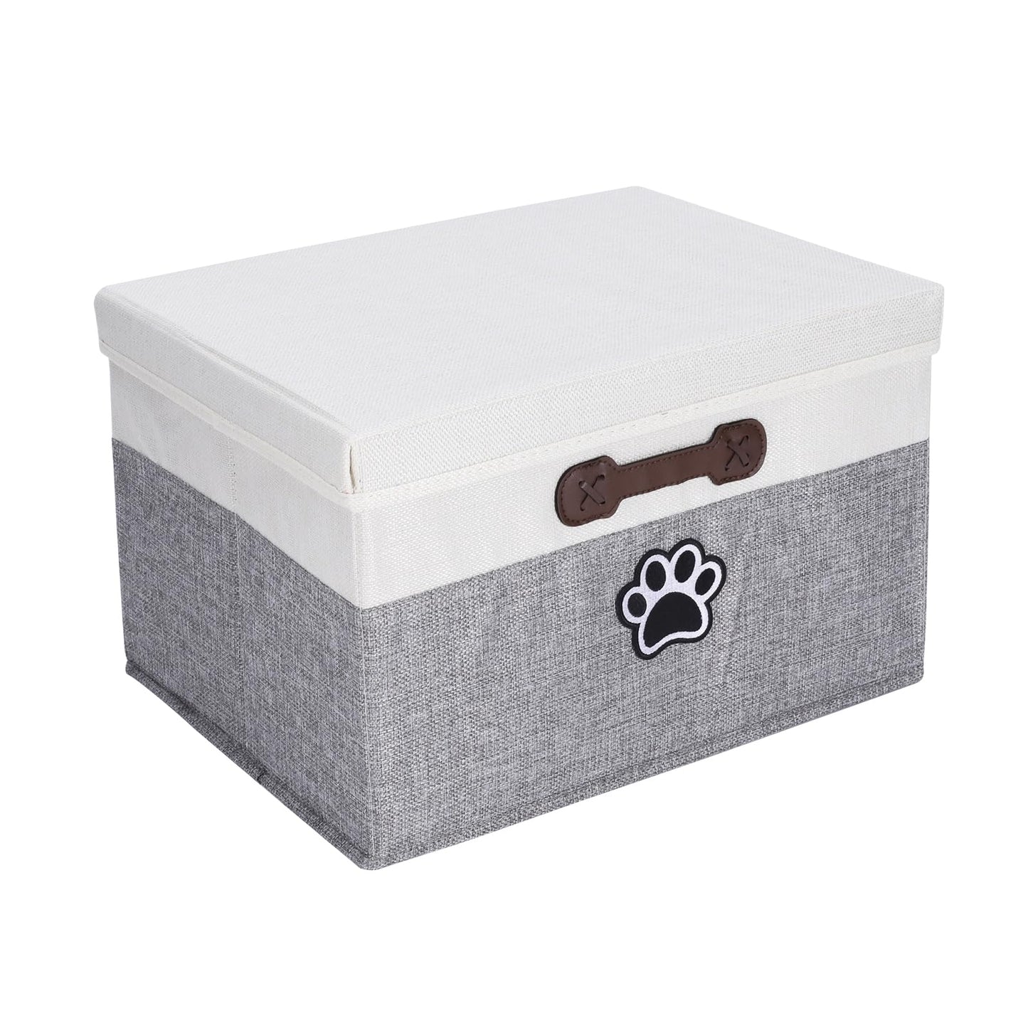 Brabtod Dog Toy Basket with Lid, Fabric Dog Toy Box with Handle, Collapsible Dogs Cat Toys Storage Bins,Pet Storage and Orgnizer-White/Gray
