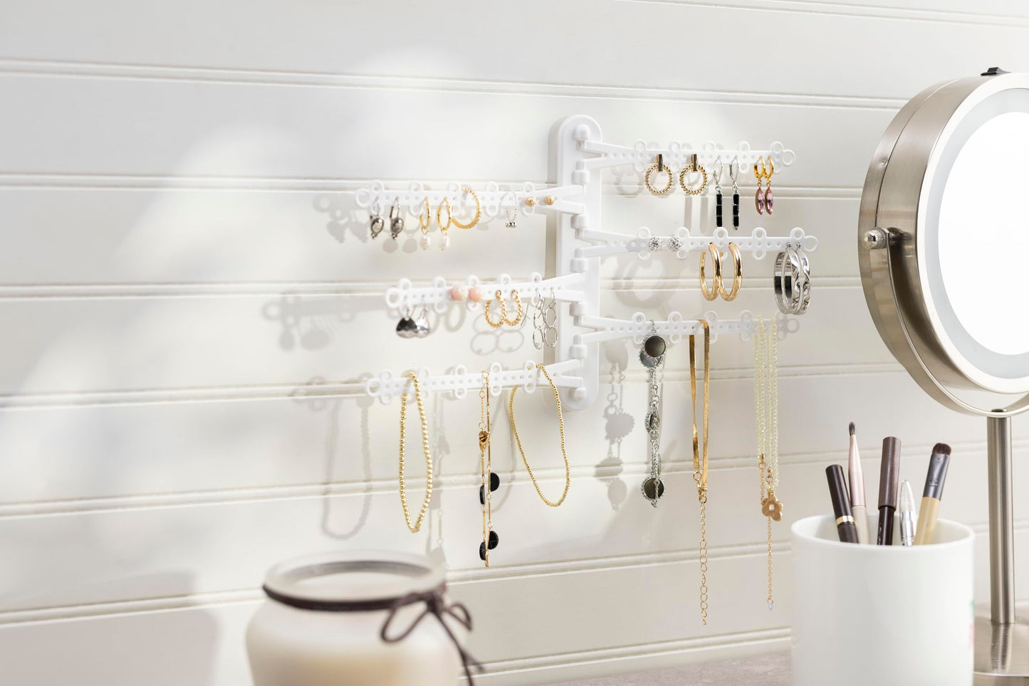All Hung Up 6-Tier 6" Wall Jewelry Organizer, Command Strips included for Easy Hanging, 120 Hole Earring Organizer, Necklace Organizer, Bracelet Holder, Ring Holder, Rotating Branches (White 6-TIer)