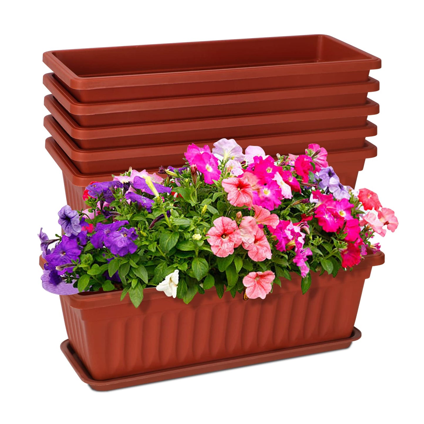 OSMOFUZE 6 Packs Window Box Planter, 17 Inches Flower Window Box Rectangular Plastic Vegetable Planters with Trays for Windowsill, Patio, Garden, Balcony, Brick Red