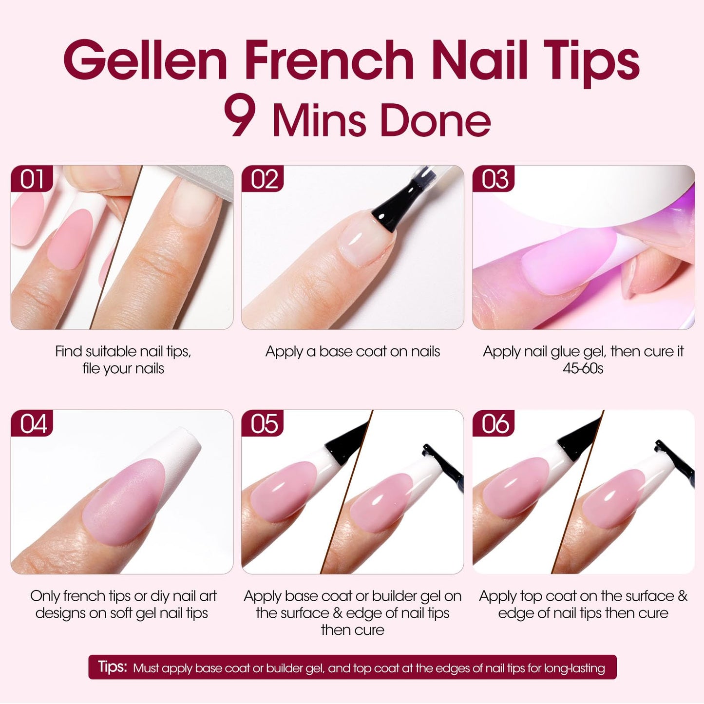 Gellen Square French Tip Press on Nails - 3 in 1 Soft Gel Nail Tips, 330 pcs 15 Sizes Pink Long Square French Nails Press on Long-lasting, No Need to File Press on Nails