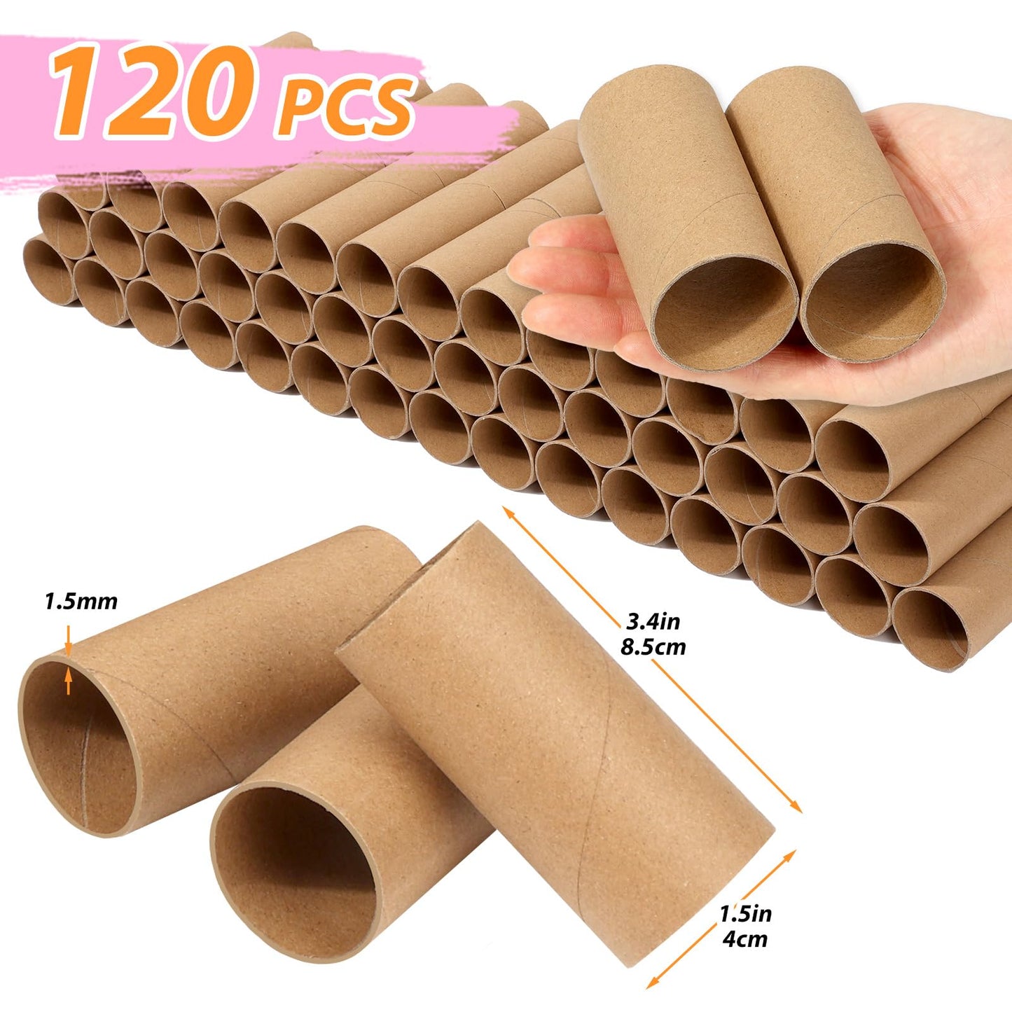 MAPVOLUT 120-Pack Brown Cardboard Tubes for Crafts (1.5x3.4 Inch) | Bulk Kraft Paper Rolls for DIY, Art Supplies, Handicraft Projects & Holiday Decor - Crush Resistant