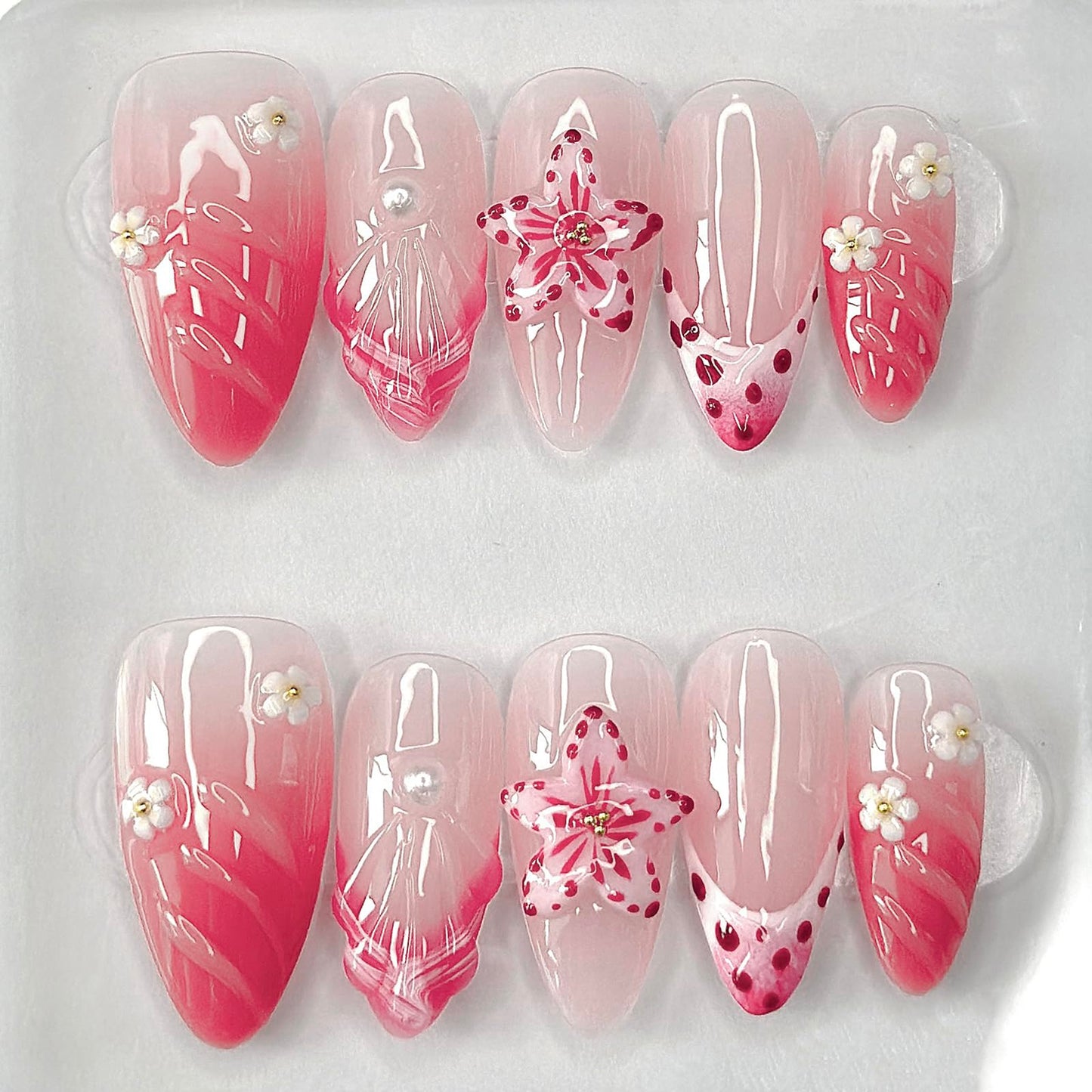 Luxury Press on Nails Medium Almond French Tip Handmade 3D Unique Reusable ABS Material Fake Nails Pink False Nails with Designs Pearls Floral Art Petal Glossy Glue on Nails Thick Acrylic Nails(M)