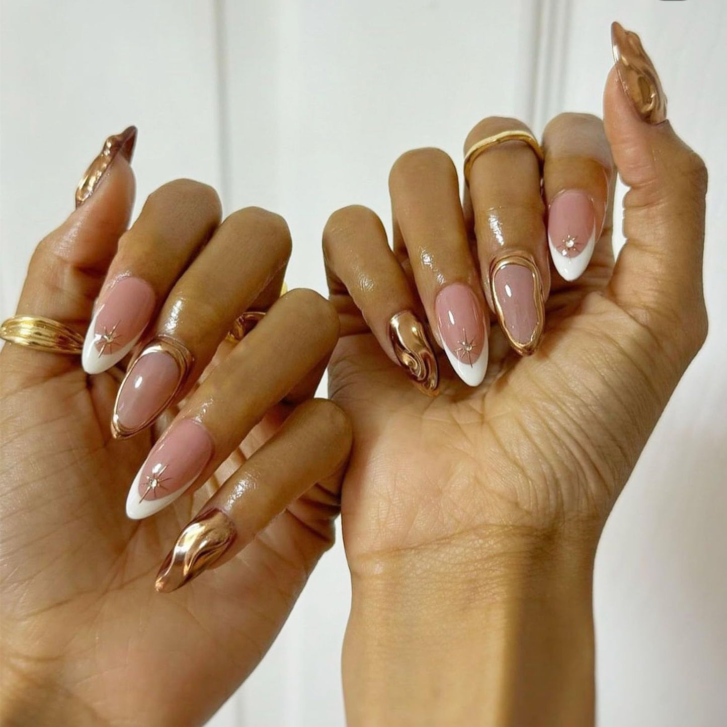 IMSOHOT French Tip Press on Nails Medium Almond Fake Nails Nude White False Nails with 3D Gold Chrome Design Glossy Acrylic Glue on Nails