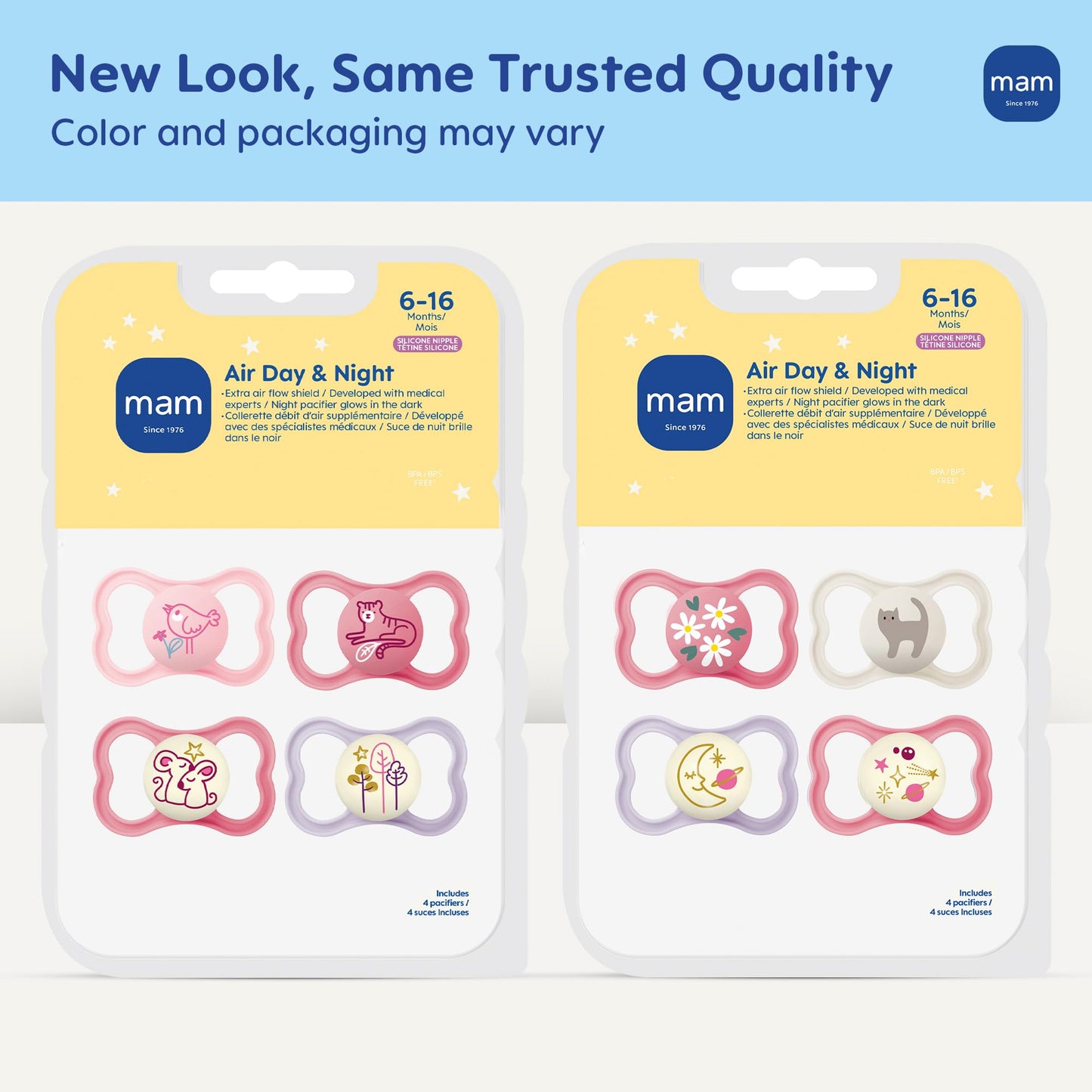 MAM Air Pacifier for Babies 6-16 Months, Extra Air Flow for Sensitive Skin, Glows in The Dark, Developed with Medical Experts, BPA-Free Skin Soft Silicone, 4 Count, Made in Europe