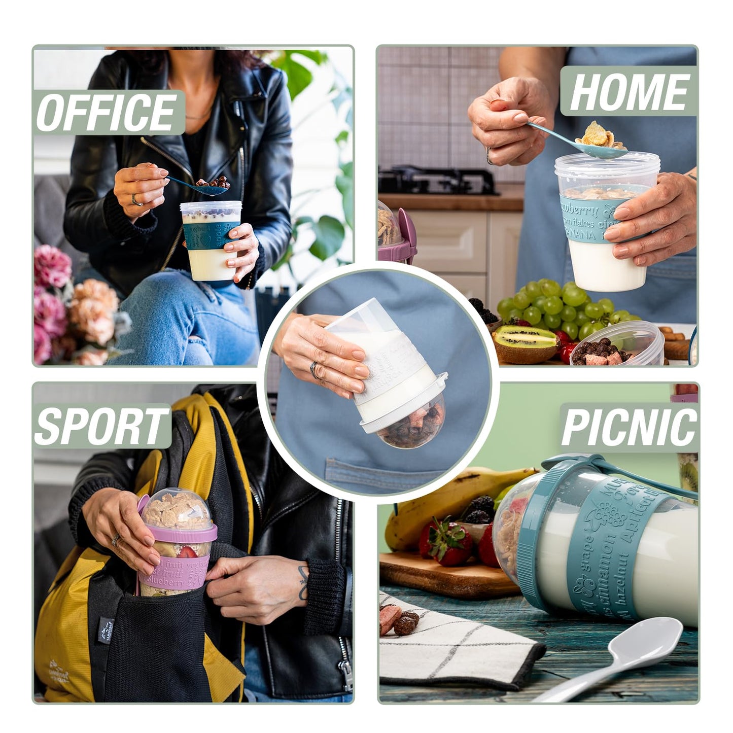 EYNEL 4 Pack Reusable On The Go Yogurt Parfait Cups, Breakfast Plastic Containers with Lids and Spoons, Perfect Jars for Overnight Oats Cereal Granola Oatmeal Smoothies and Snack Prep
