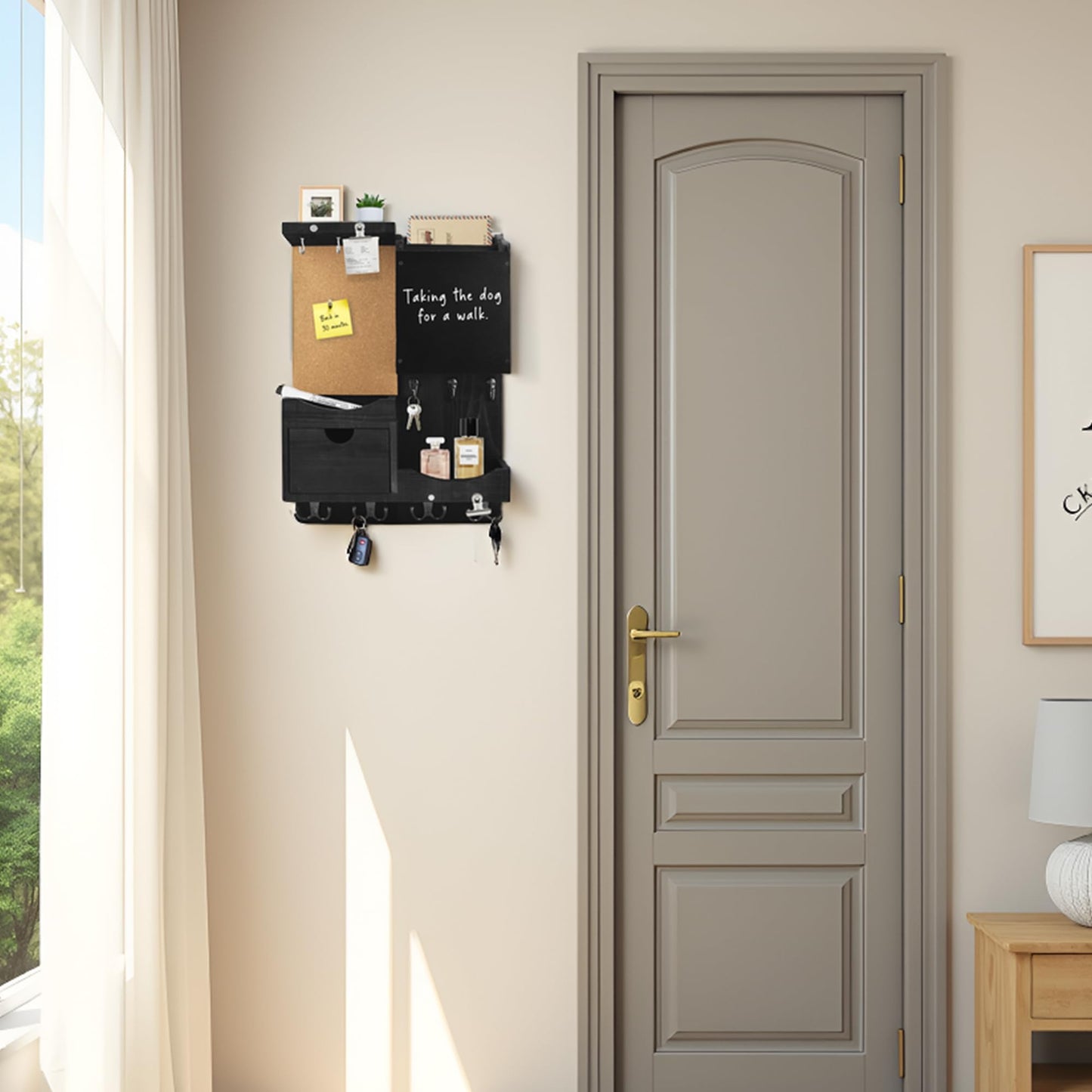 HEKOOLA Key Holder Wall Mount, Mail Organizer Key Holder for Wall with Shelf, Drawer, Chalkboard, Corkboard, Home Decor Mounted for Room Entryway (Black)