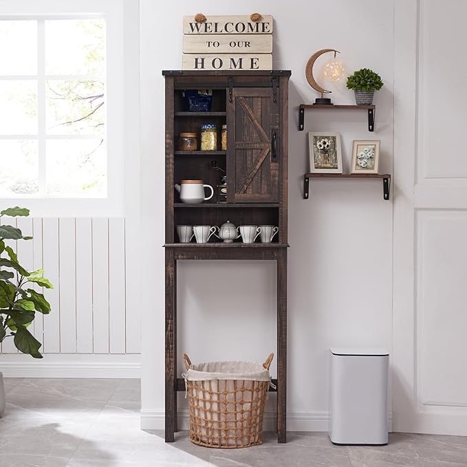 RedLemon Farmhouse Over The Toilet Storage Cabinet Set of 2, 68" Tall with Sliding Barn Doors & Adjustable Shelves, Rustic Above Toilet Storage Cabinet, Dark Rustic Oak