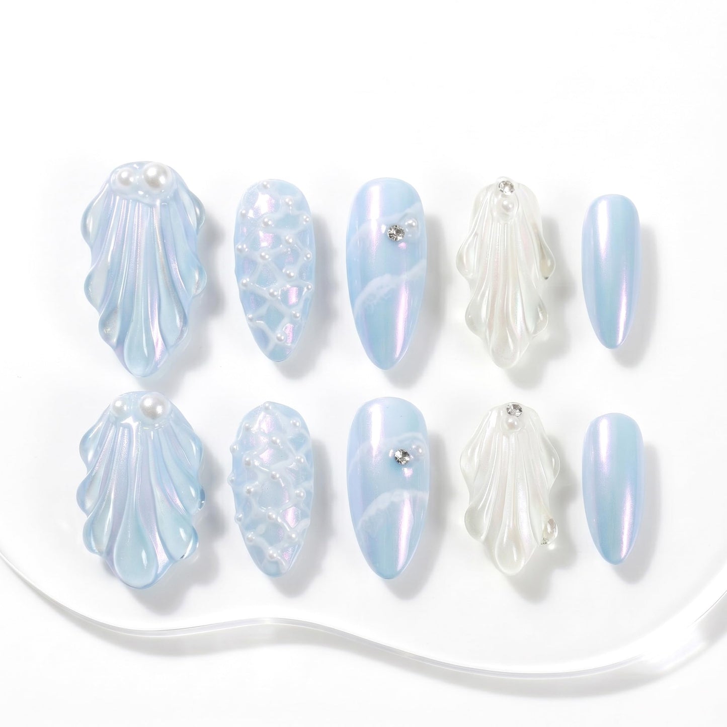 Sun&Beam Nails Handmade Press On Nail Medium Long Almond Oval Blue White Pearl Shell Fake Tip 3D Design Art Charms Cute with Storage Box 10 Pcs (#028 S)