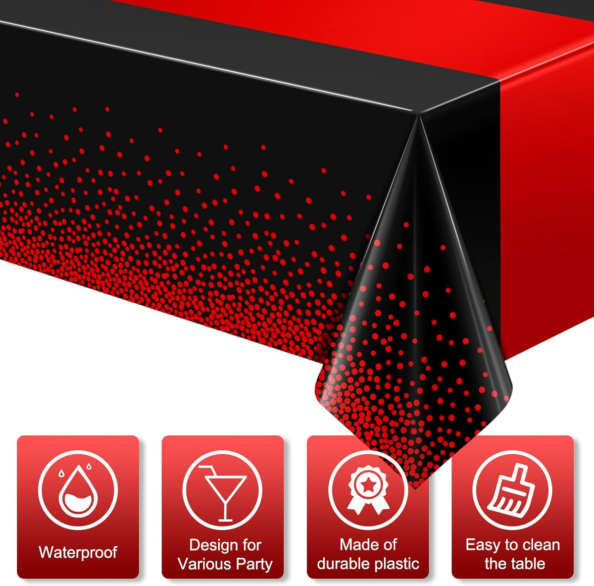 MASHAN 6Pcs Black and Red Tablecloth Party Decorations,Plastic Black Table Cloth Printed Red Table Runner Disposable Rectangle Cover for Birthday Weeding Anniversary Graduation Party,54 x108 Inch