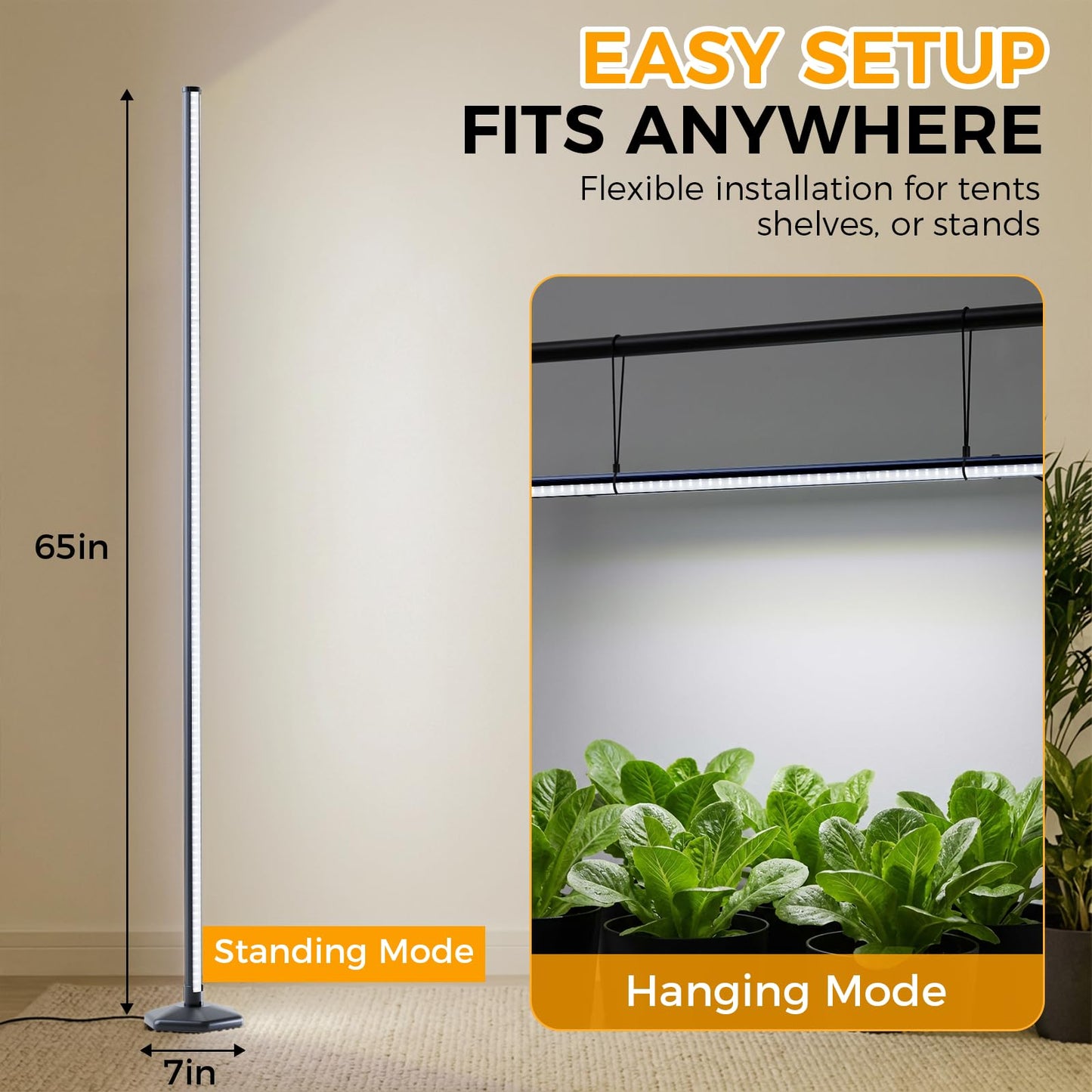 Grow Lights for Indoor Plants with Timer, 42W 192 LEDs Full Spectrum Vertical Grow Light 65 Inch Standing Grow Lights with Foot Switch,3 Light Modes 10-Level Dimmable Wide Coverage