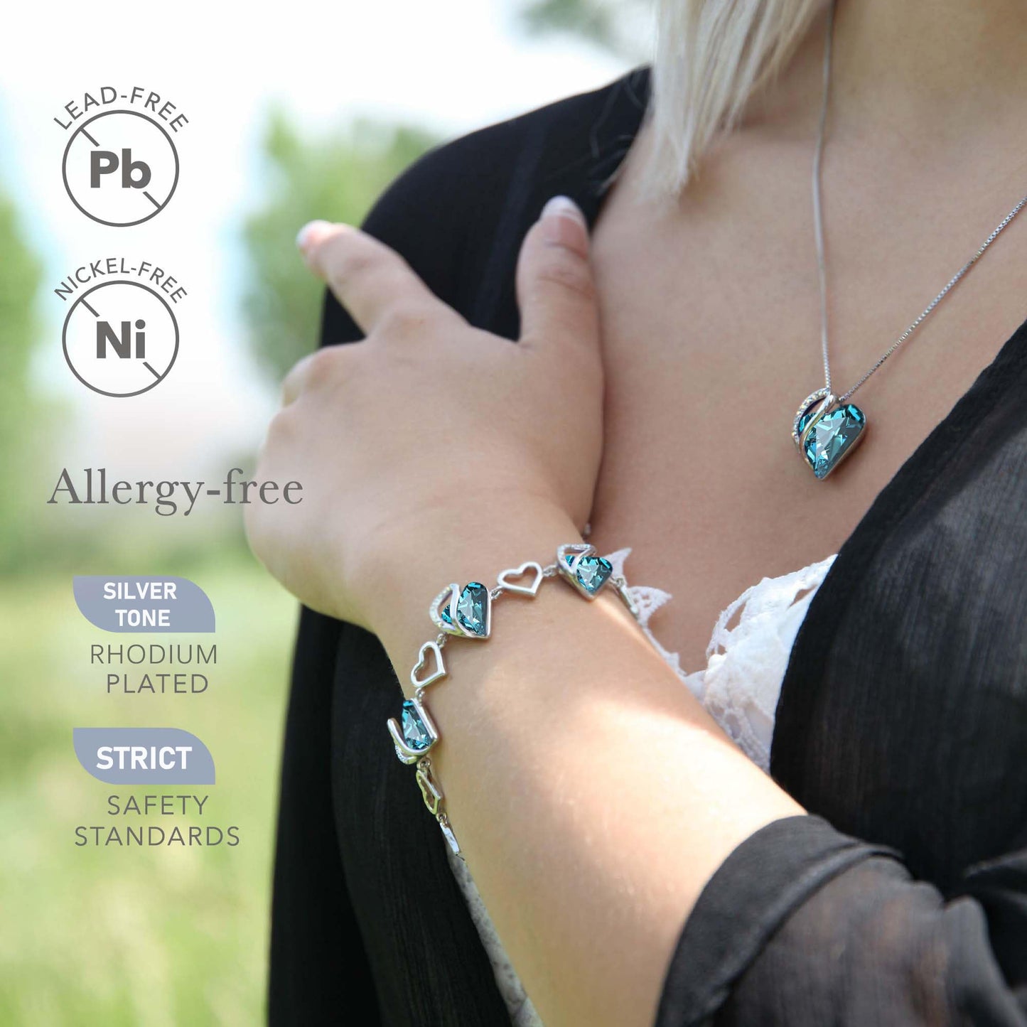 Leafael Infinity Love Heart Gift Bracelet for Women, December Birthstone Crystal, Indicolite Zircon Blue, Silver Tone, 7-inch Chain and 2-inch Extender
