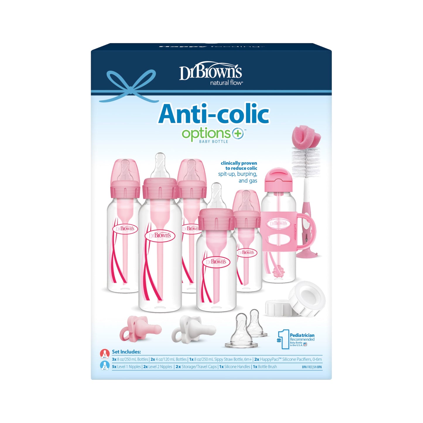 Dr. Brown's Anti-Colic Options+ Narrow Bottle Gift Set with Sippy Straw Bottle, HappyPaci Silicone Pacifiers, Storage/Travel Caps, and Bottle Brush, Pink