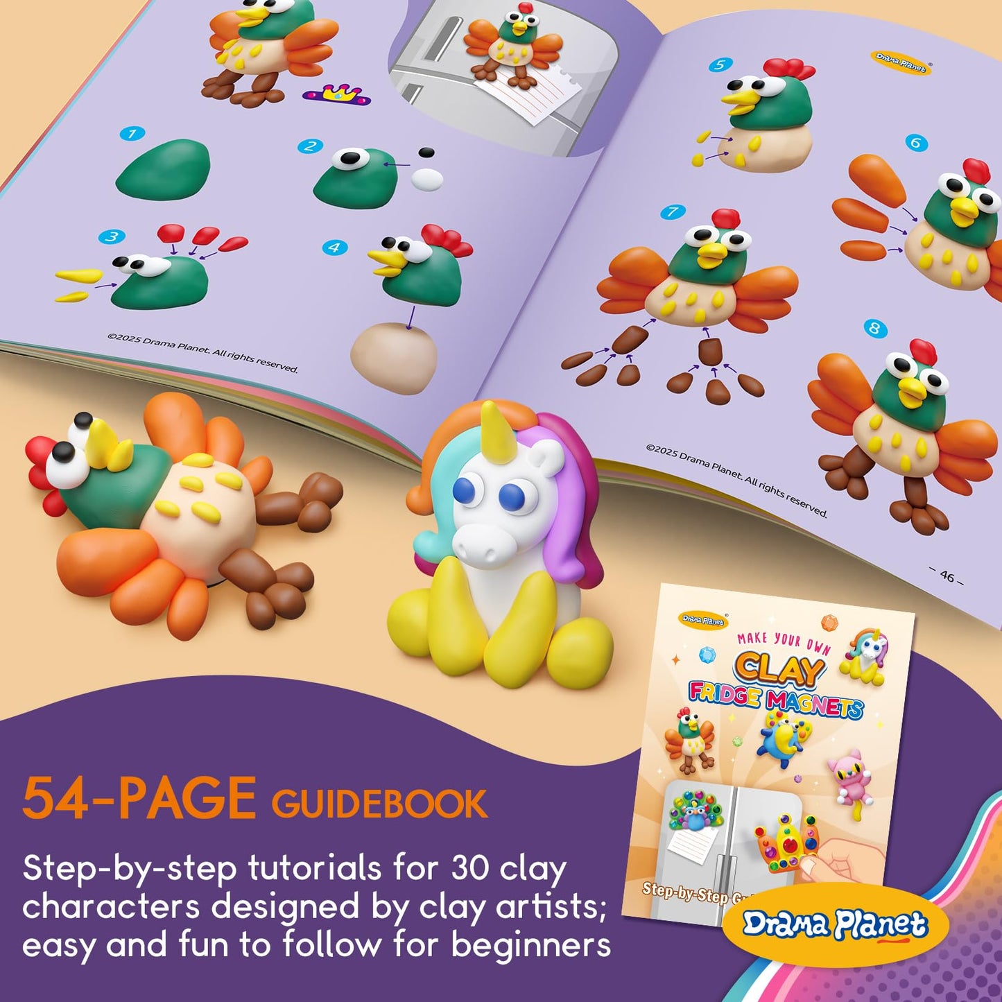 Drama Planet Make Your Own Clay Fridge Magnets Kit, Air-Dry Clay Crafts for Kids, Includes Instruction Book with 30 Designs, Makes 12 Fridge Magnets