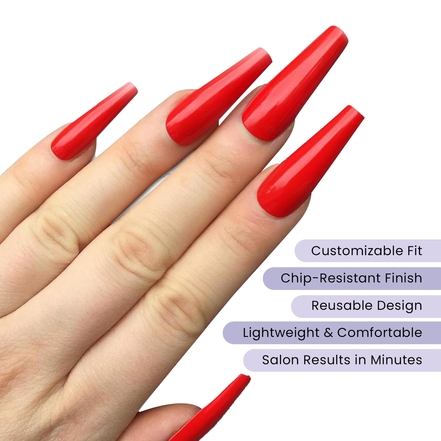 Allkem Press On Nails - Hot Red Glossy Extra Long Ballerina Multipack | 10 sizes - 100 pcs False Nails Full Cover Nail Kit with Glue
