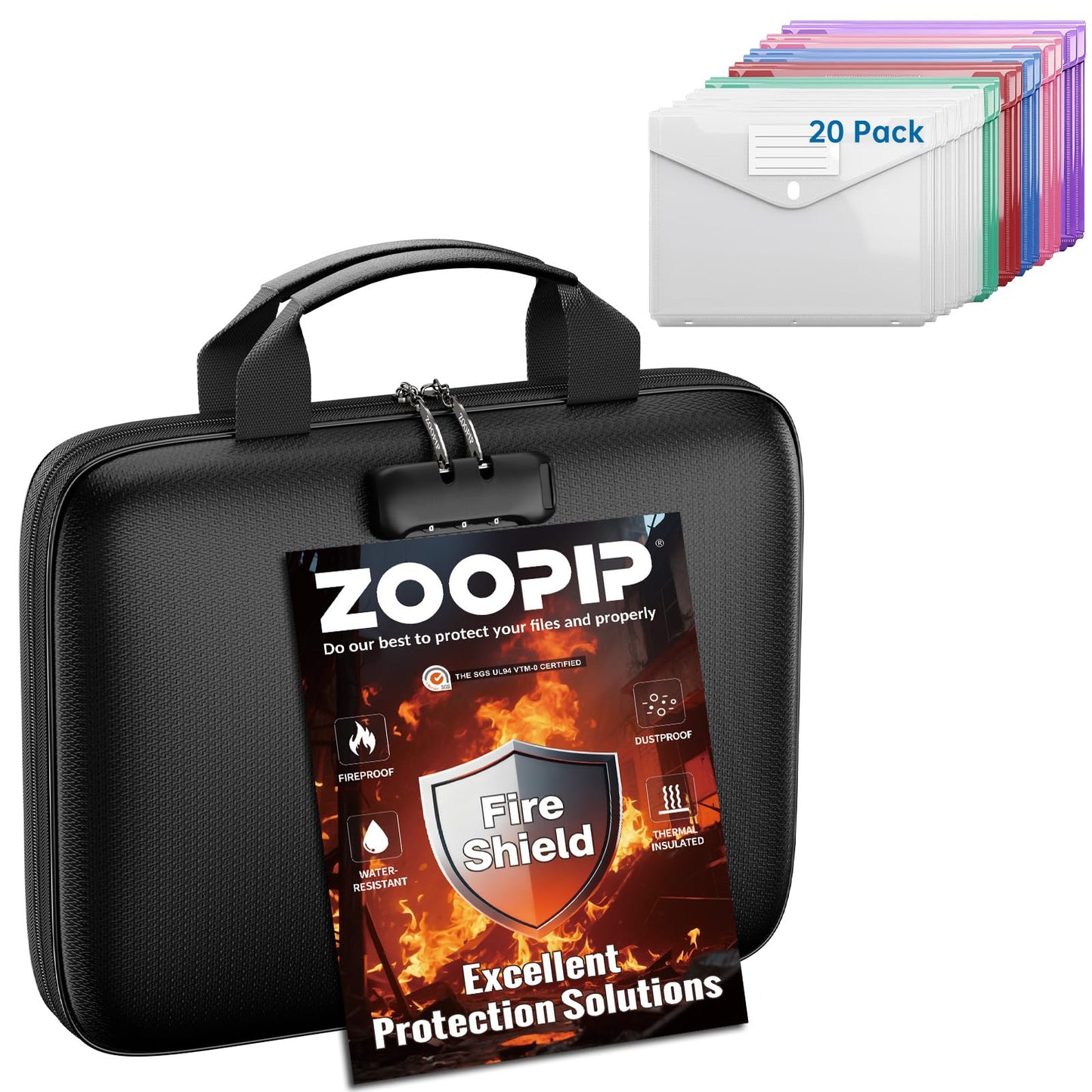 ZOOPIP Binder Folders Organizer with 20 Pack Heavyweight Plastic Pockets,Fireproof File Folder Box with Lock,Zipper Binder Bag for Important Documents,Letter Size