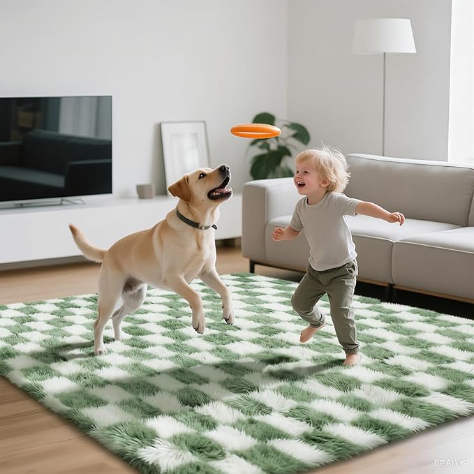 Area Rugs for Bedroom Living Room,5x8 Green and White Fluffy Soft Checkered Rug Fuzzy Shag Shaggy Carpet, Indoor Plush Floor Rugs for Kids Boys Girls Teen Dorm Nursery Home Decor