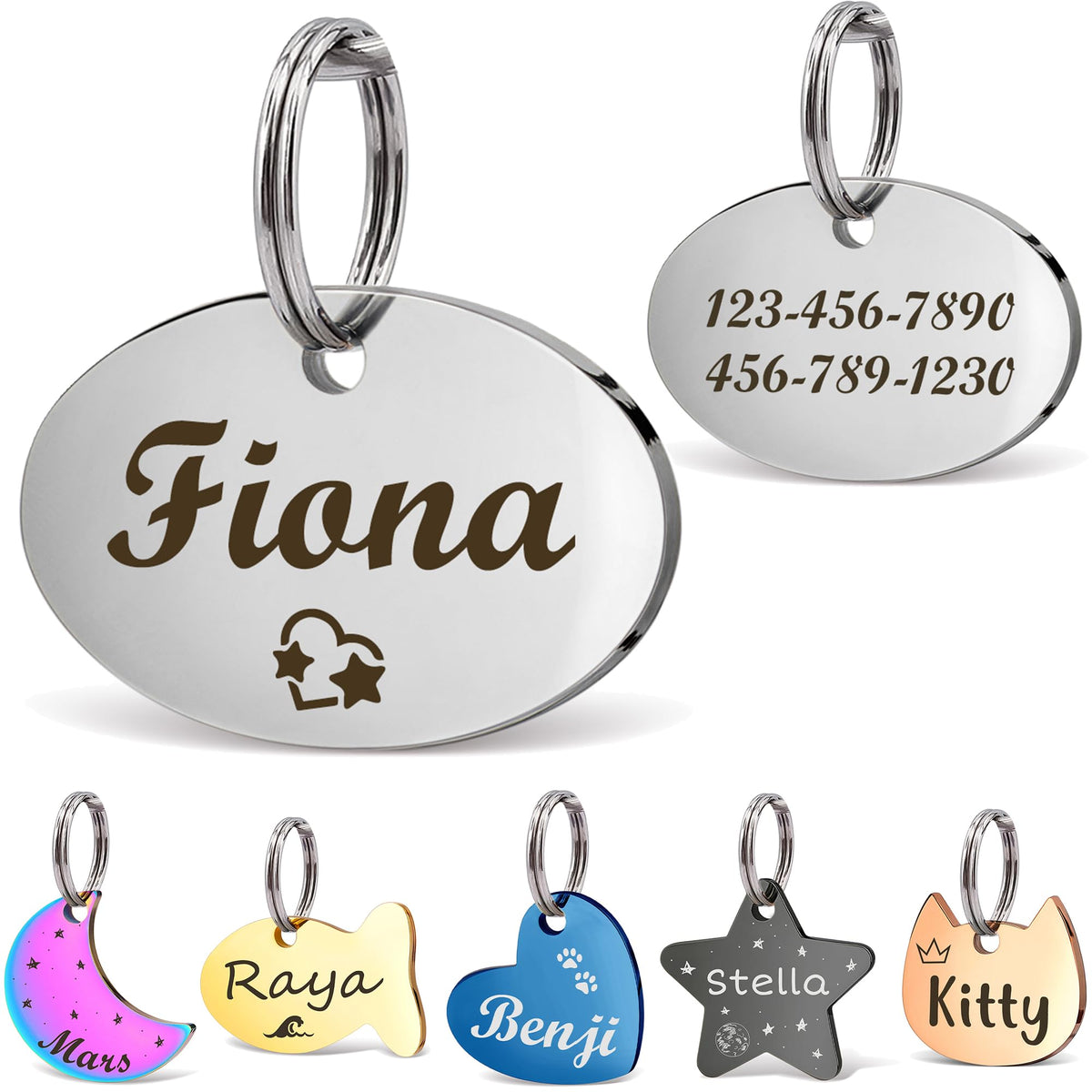 Anavia Small Size Dog Cat ID Tags, Small/XS Personalized Color Plated Stainless Steel Puppy Kitten Name Tags, Customized Engraved Nameplate Pet Collar Tag (Blue, Star)