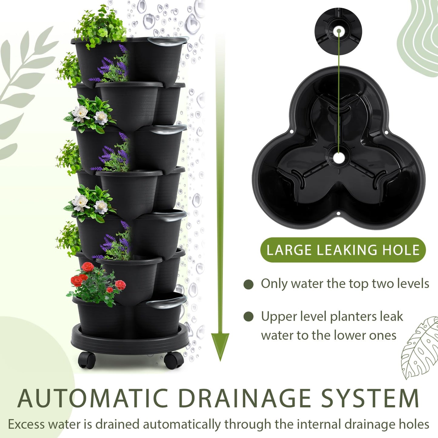 Umigy 2 Set Black 7 Tier Stackable Vertical Planters with Removable Wheels and Tools Tower Planters Strawberry Herb Flower Vegetable Pots Indoor Outdoor Gardening Pots
