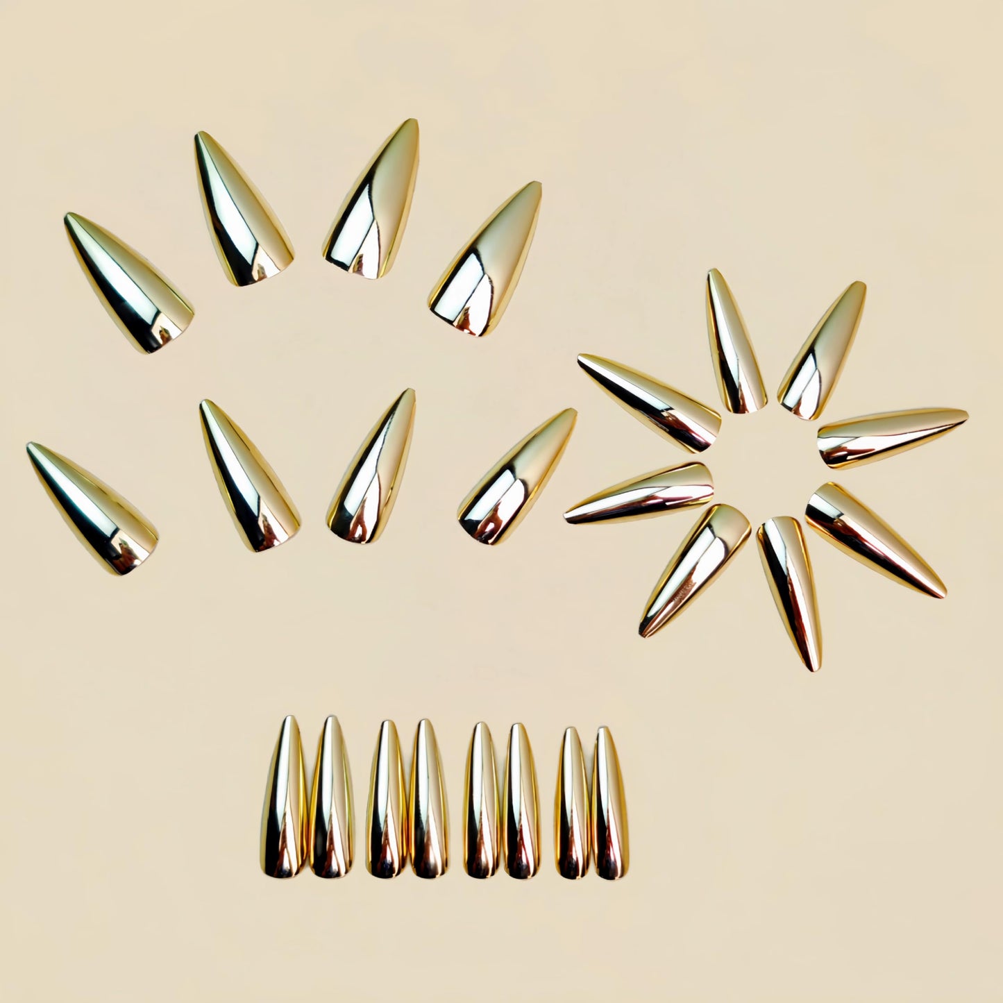 MERVF Long Stiletto Press on Nails Almond, Gold Chrome Fake Nails Solid Color Design Glue ons Luxury Electroplated Acrylic Nail Glossy 24pcs