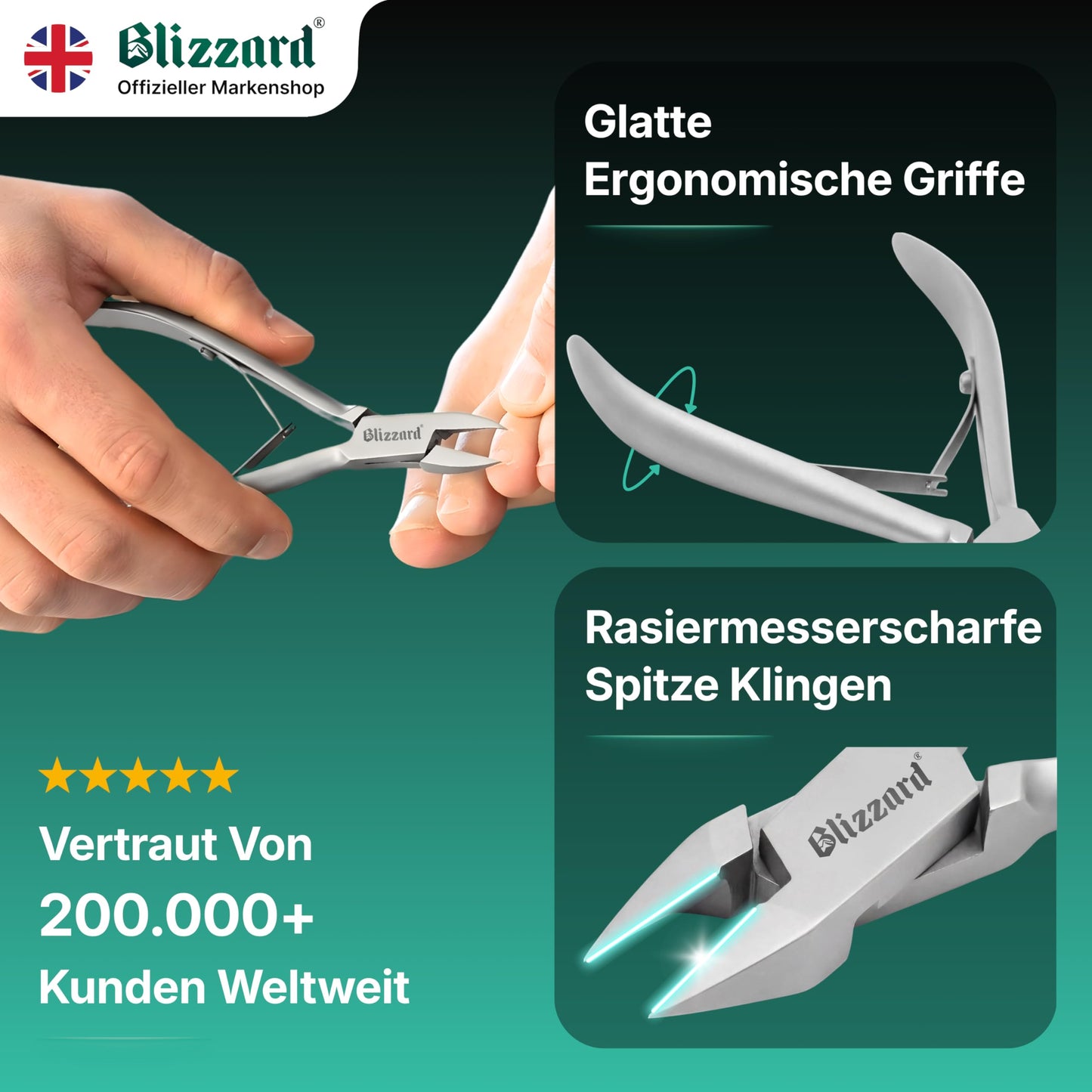 Ingrown Nail Clippers for Men with Ingrown Toenails – Blizzard Podiatrist Toenail Clipper Set German Forged (15cm - Arrow Point - Smooth)