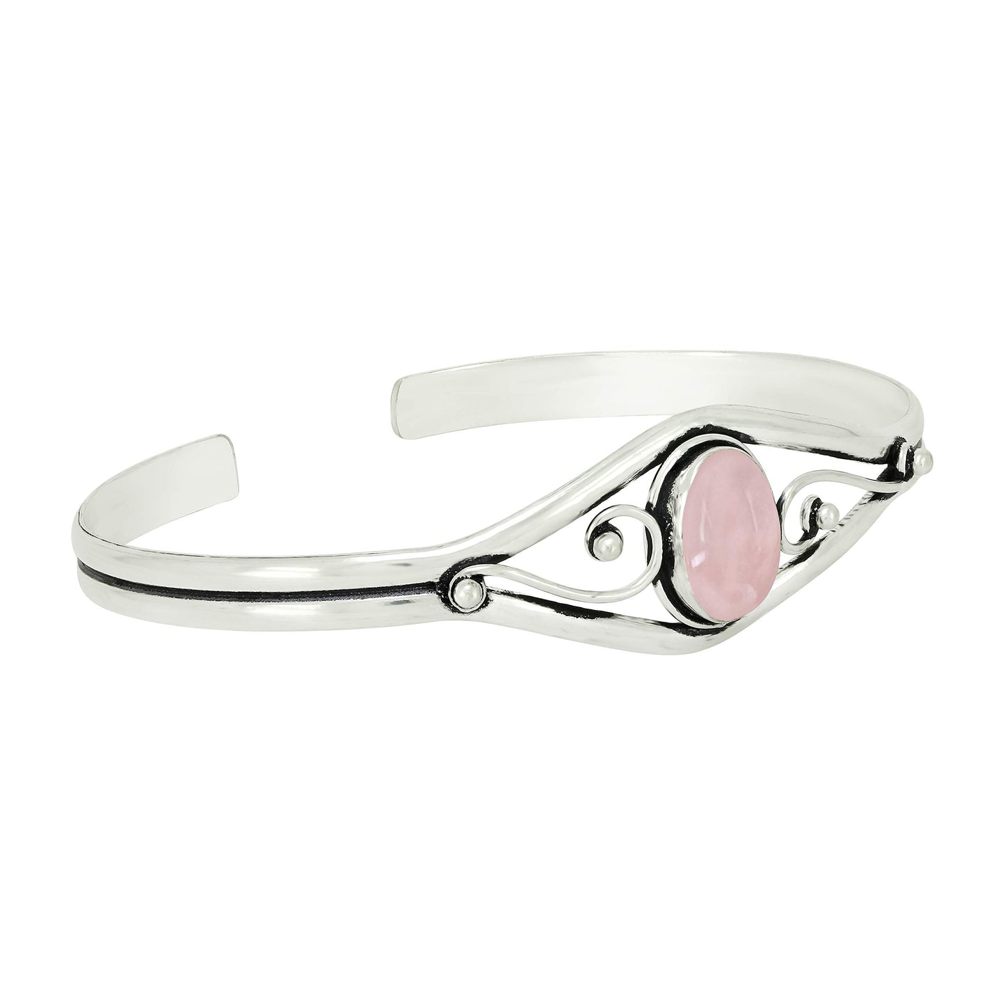 925 Silver Plated Natural Rose Quartz Cuff Bangle Bracelet for Women – Handmade Open Bangle – Pink Gemstone January Birthstone Statement Jewelry – Gift for Her