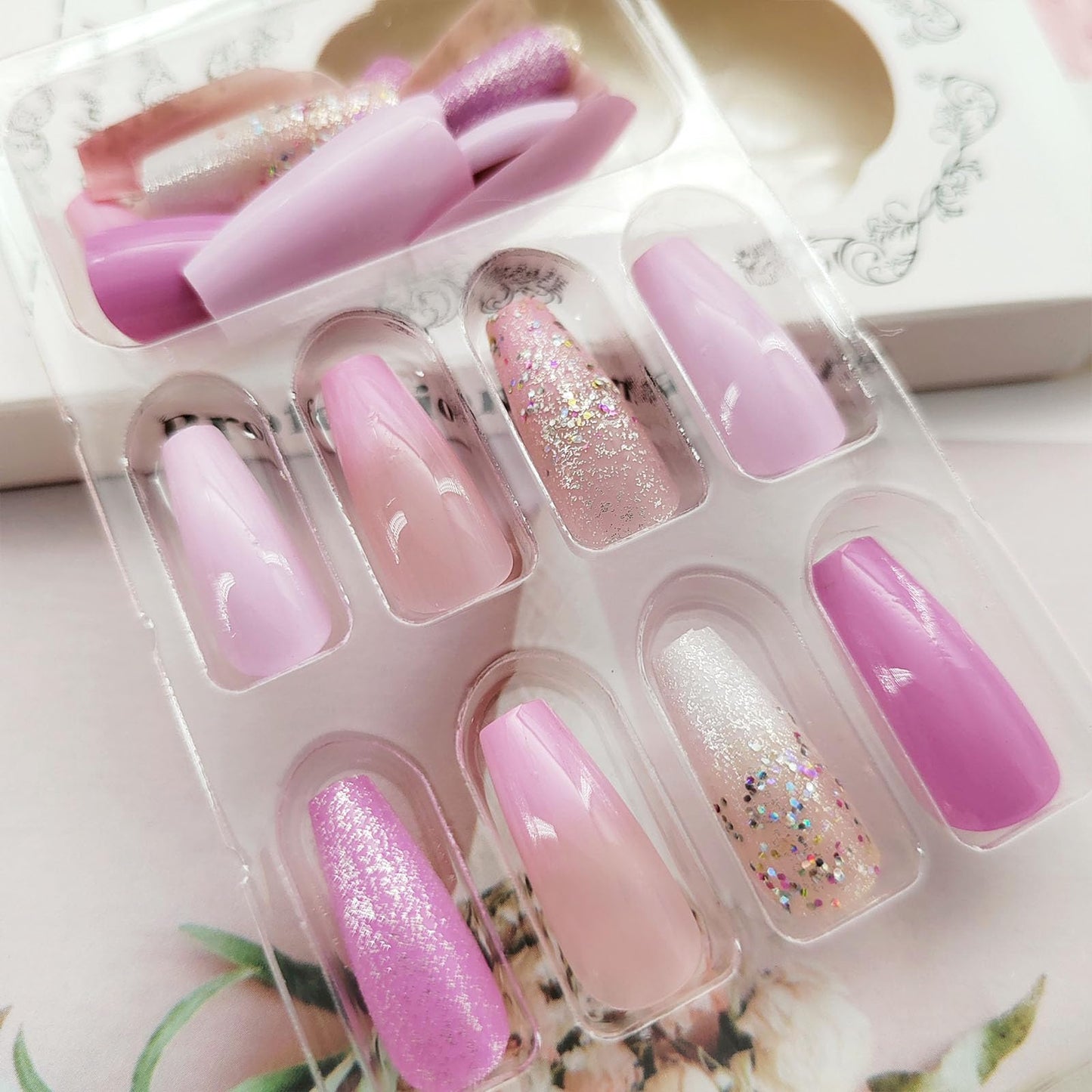 Coffin Press on Nails Medium - Purple & Pink Gradient Fake Nails Press on Nails Full Cover Glue on Nails Glitter Designs Artificial Acrylic Nails for Women 24 Pcs