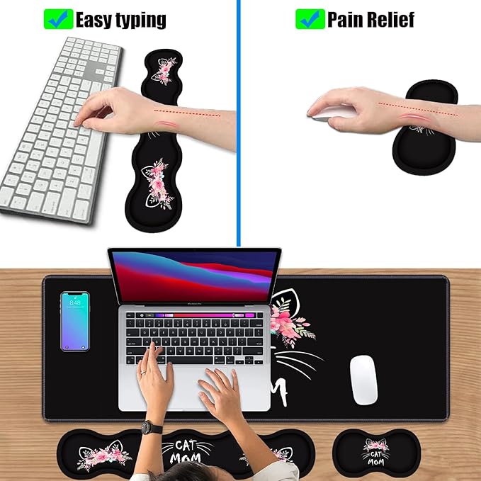 4 in 1 Ergonomic Keyboard Wrist Rest & Mouse Pad Wrist Rest Set, Large XXL Gaming Desk Mat 31.5"x 11.8" with Non-Slip Base, Memory Foam for Home Office Study Gaming, Cat Mom Floral