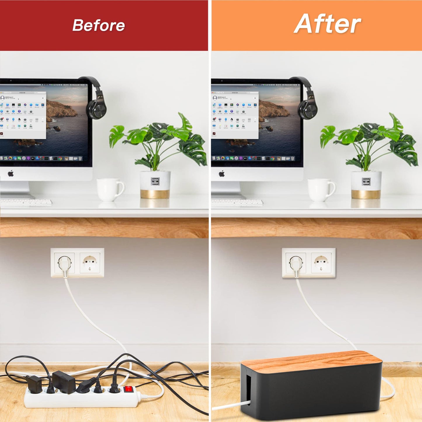Cable Management Box 2 Pack with 16 Cable Clips Set-Large & Medium & Small Wooden Style Cable Organizer Box to Hide Wires&Power Strips | Cord Organizer Box | Cable Organizer for Home & Office [Black]