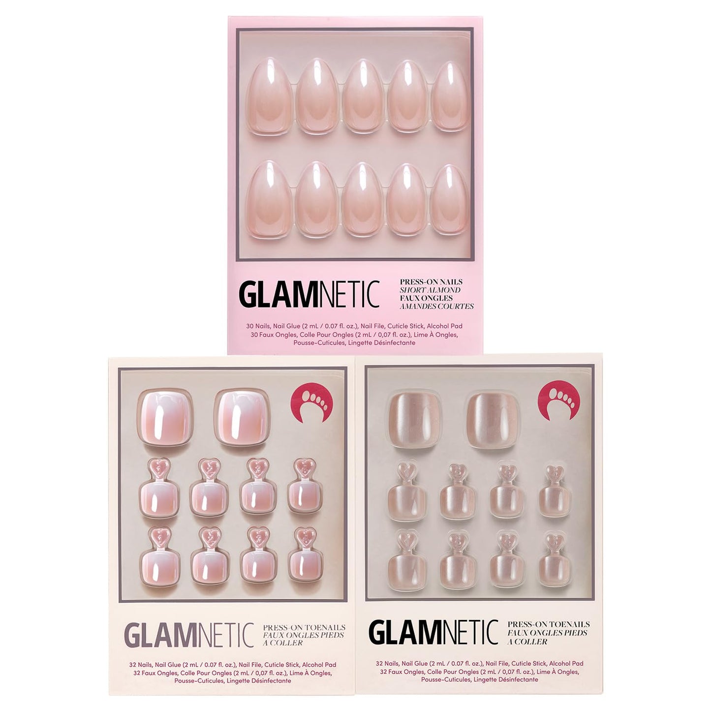 Glamnetic Press-On Nails Bundle - Azure Blue, Hailey & Fairy Dust | Bright Blue Round Fake Nails | Glazed Almond False Nails | Short Oval Beige-Pink Nails with a Metallic Finish