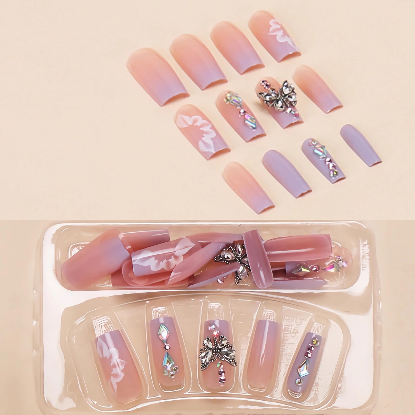 BABALAL Purple Press on Nails Medium Square Fake Nails Butterfly Design Glue on Acrylic Nails 3D Flower Charm 24Pcs Bling Luxury Full Cover
