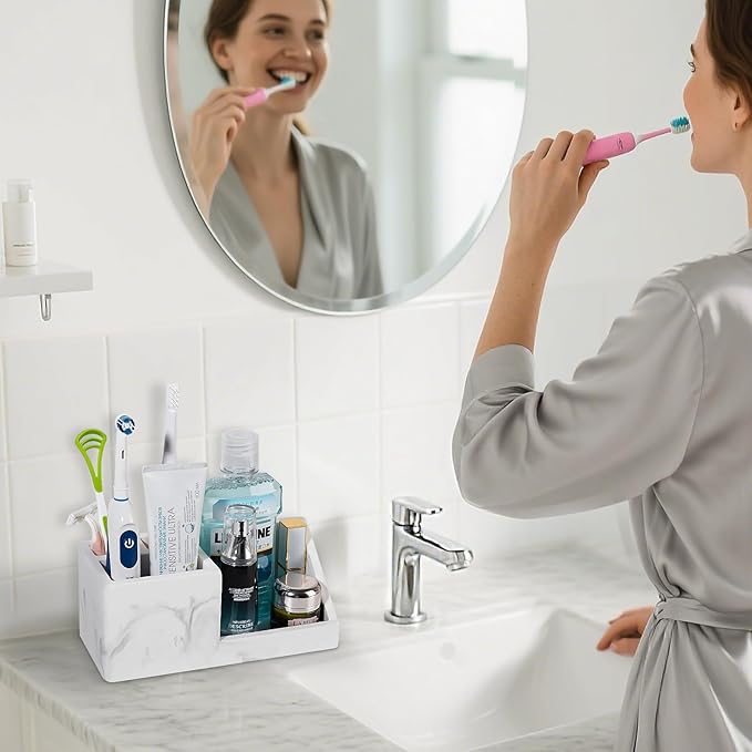 Diatomite Toothbrush Holders for Bathrooms, Quick Dry Electric Tooth Brush and Toothpaste Organizer Bathroom Accessories for Countertop, Vanity, Sink - Marble White