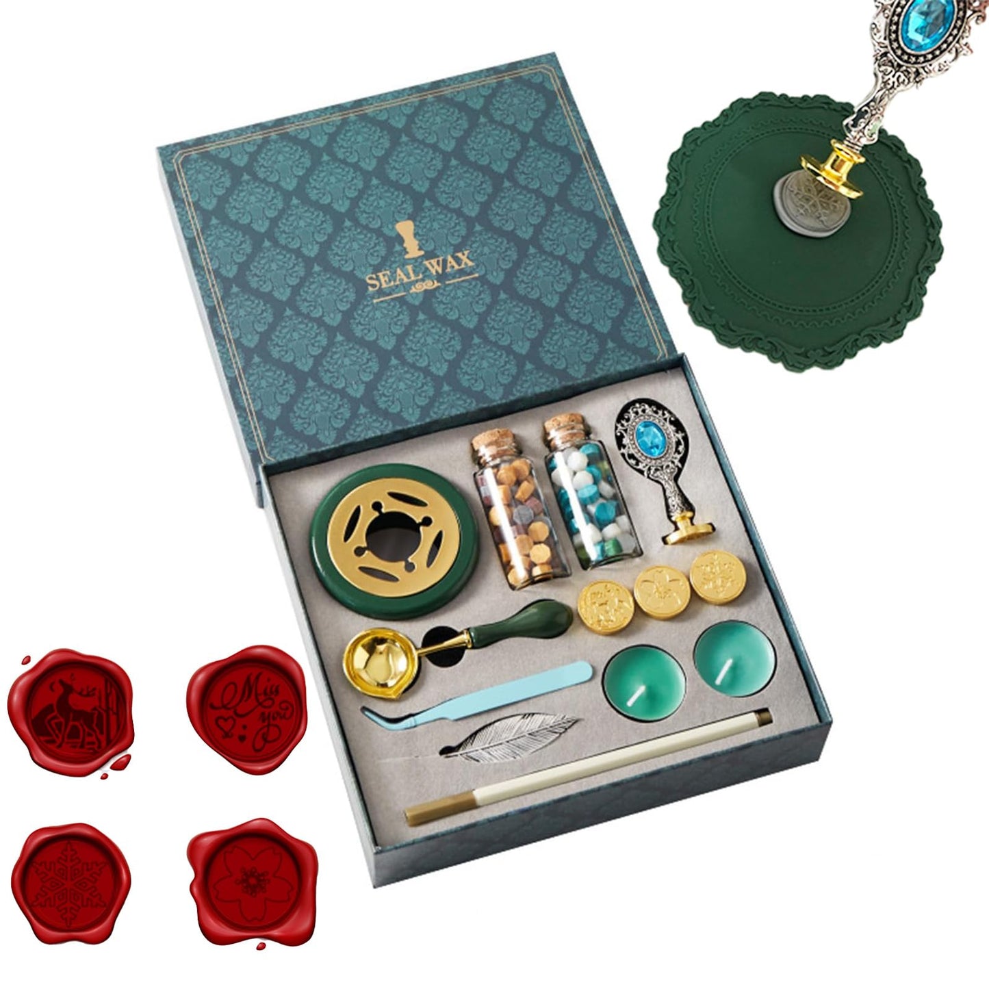 FireBee Wax Seal Kit with Gift Box, 4 Sealing Wax Stamps with Seal Beads, Demold Mat, Stir Pin, Tweezers, Warmer with Melting Spoon Set for Wedding Invitations, Wine Packages, Envelopes