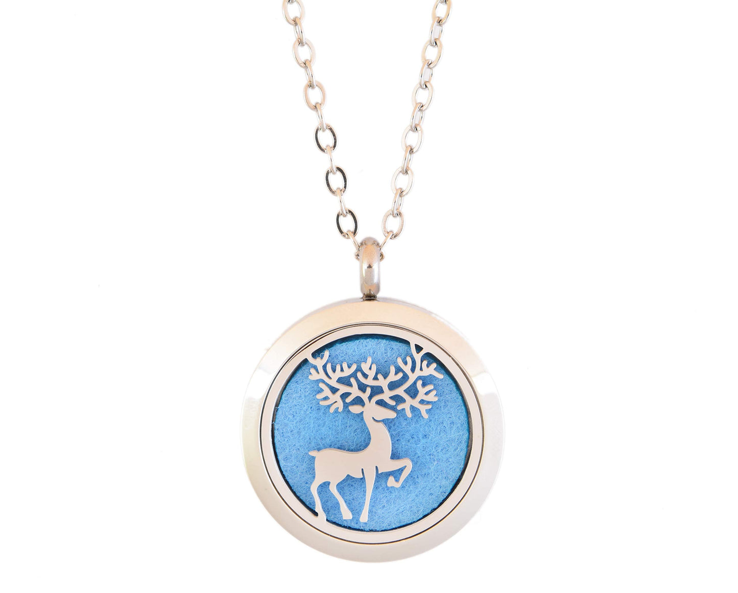 Aromatherapy Essential Oil Diffuser Stainless Steel 30MM Silver Magnetic Locket Pendant 2 Sizes Chain Necklace, Refill Pads & Diffuser Bracelet in a Velvet Bag (Prancing Winter elk)