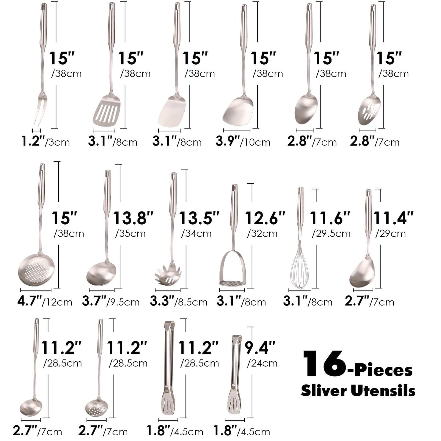 18/10 Stainless Steel Cooking Utensils Set - 16 PCS All Metal Small & Large Kitchen Spoons, Serving Utensils - Whisk, Masher, Fork, Tongs, Solid/Slotted Spoon, Spatula, Turner, Ladle, Skimmer, Pasta