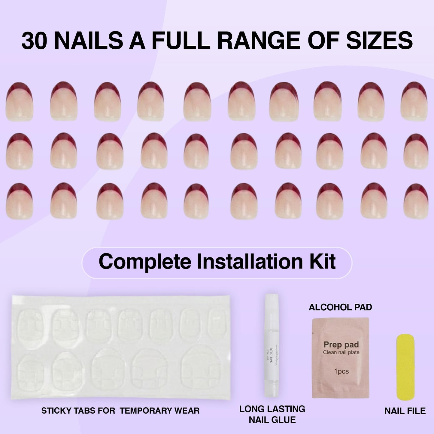 Rave Nailz Wine French Tip Press On Nails (30 Count) - Short Oval Glossy Press On Nails with Subtle Elegance - Chip-Resistant Fake Nails with Glue, Includes File, Long-Lasting 2+ Weeks