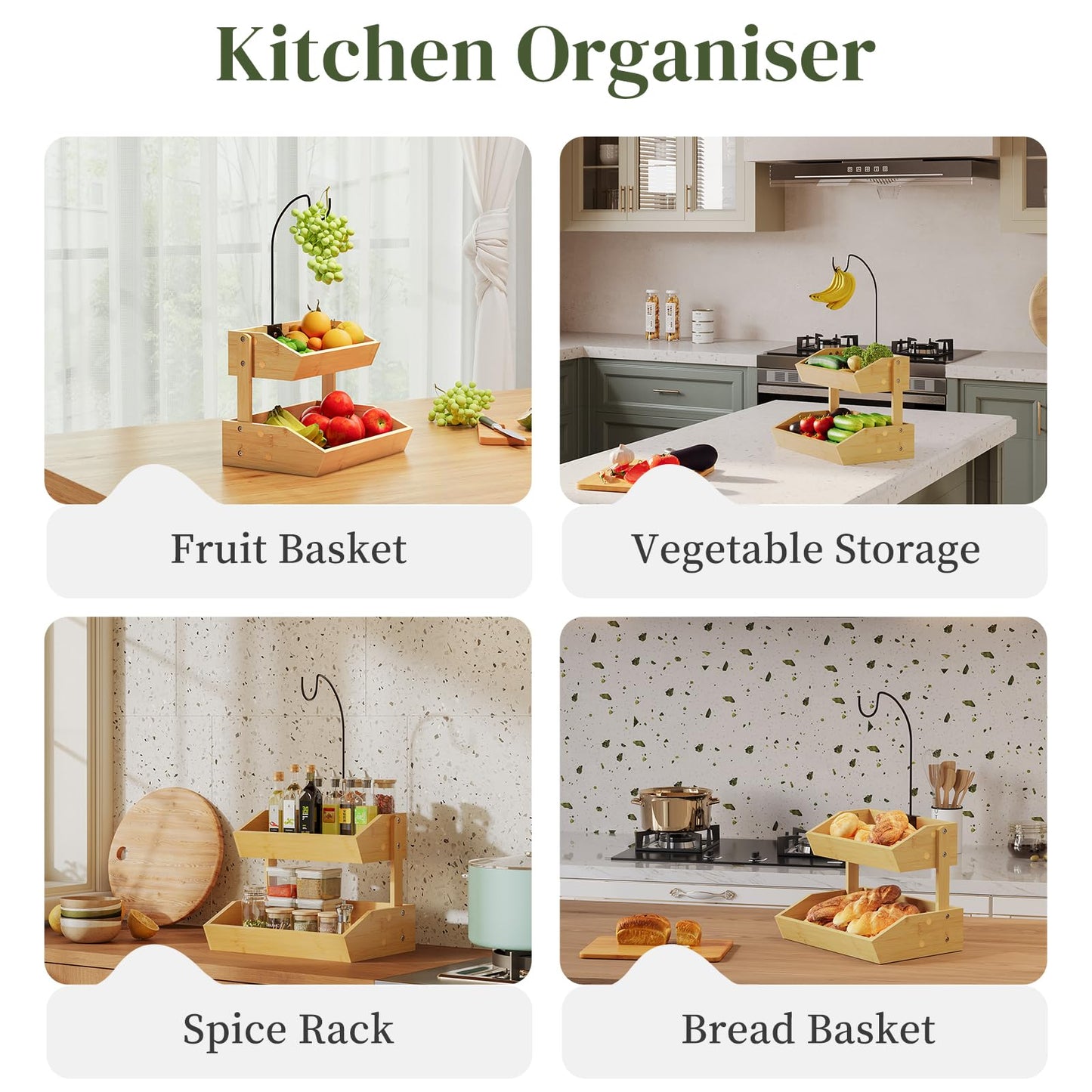 PULIJIAJU Bamboo Fruit Basket, Fruit Holder With Banana Hanger, Fruit Bowl, Kitchen Counter For Fruit and Vegetable Storage, Bread Basket, Snack Organizer Holds (Natural, 2-Tier)