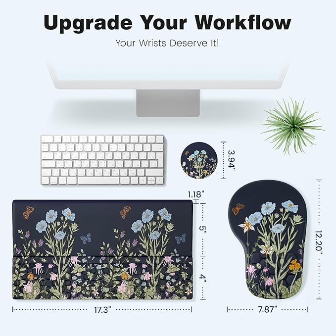 Ospelelf Ergonomic Mouse Pad and Keyboard Stand Wrist Rest Set, Memory Foam Comfort, Pain Relief for Typing, Office Desk Accessories, Moonlit Blossoms
