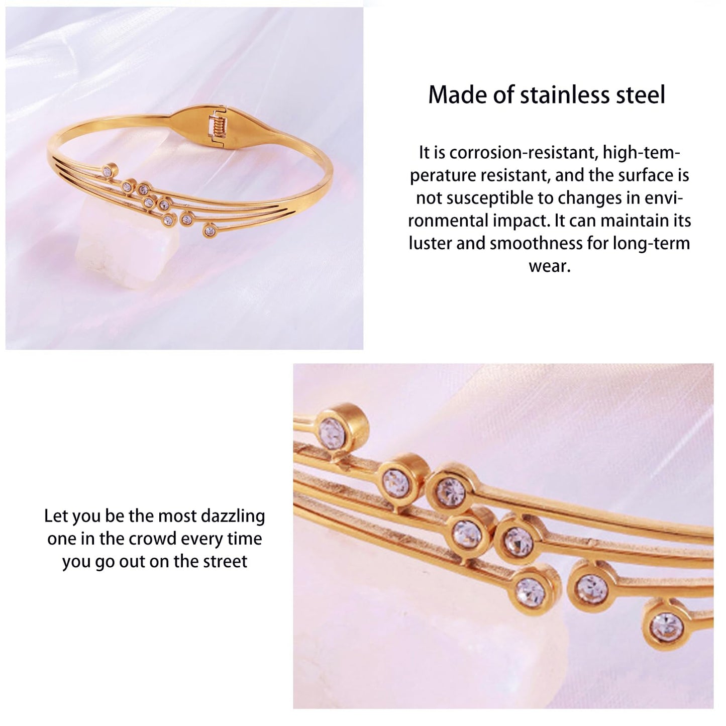 Vbvbip 18K Gold Plated 316L Stainless Steel Bangle Bracelet Collection - 12 Unique Designs + Matching Diamond-Accent Titanium Steel Chain, Gift for Women