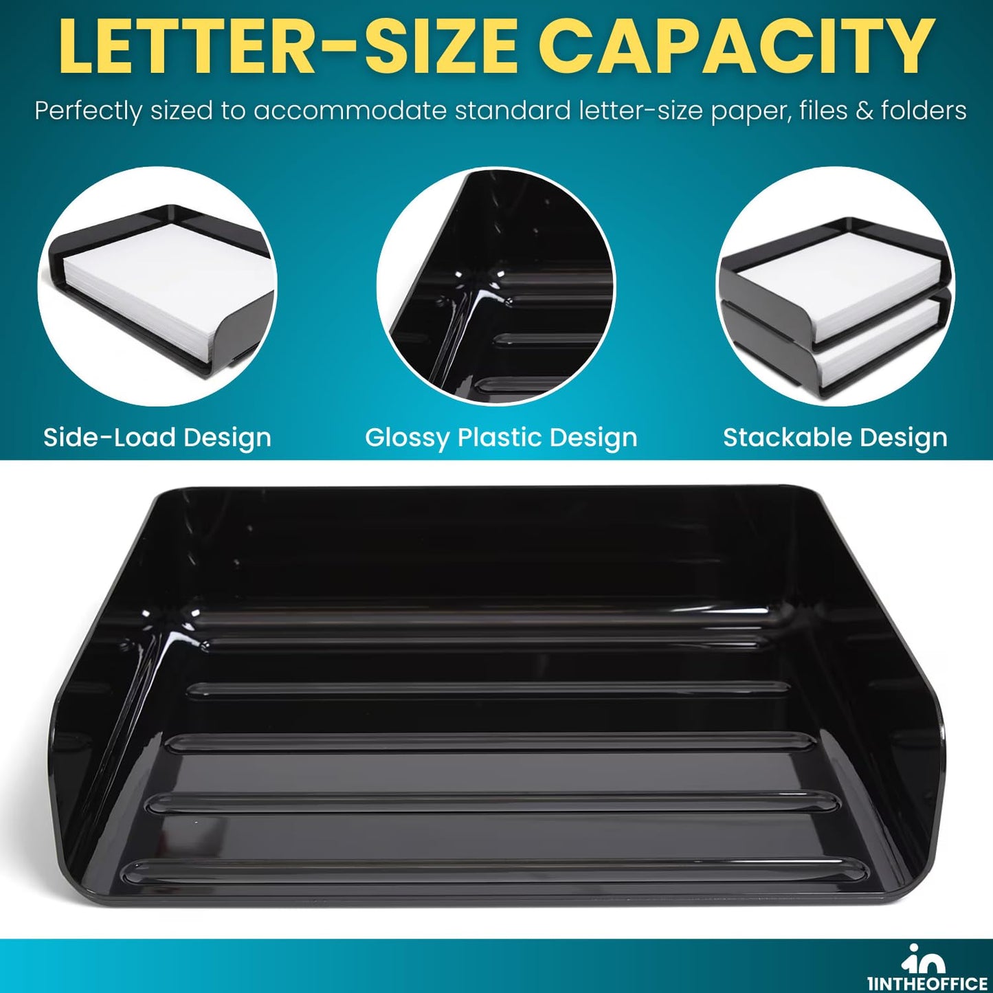 1InTheOffice Stackable Paper Tray Organizer, Plastic Letter Tray, Office Desk Tray, Black (4Pack)